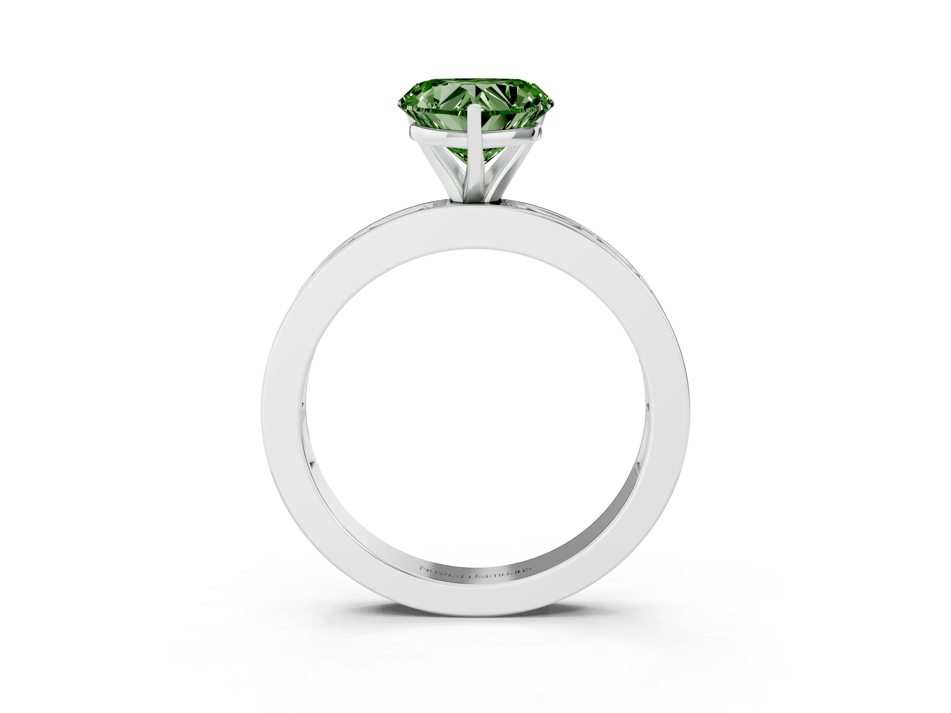 Fancy Green Heart Cut Diamond Solitaire Ring Set in Silver with Channel-Set Baguette Band and Prong Setting