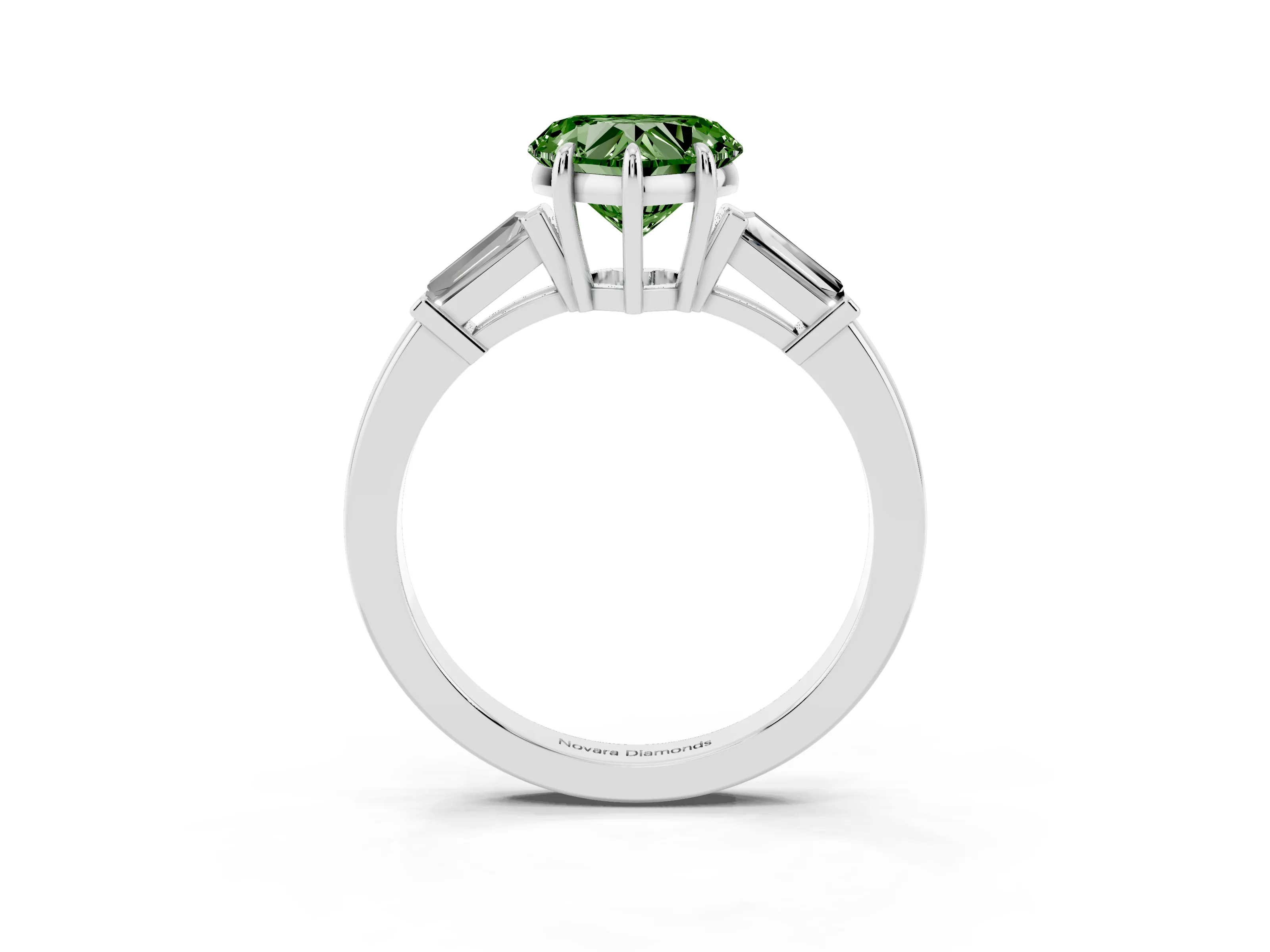 Fancy Green Heart Cut Diamond Three-Stone Ring Set in Platinum with Tapered Baguette Side Stones and Prong Setting