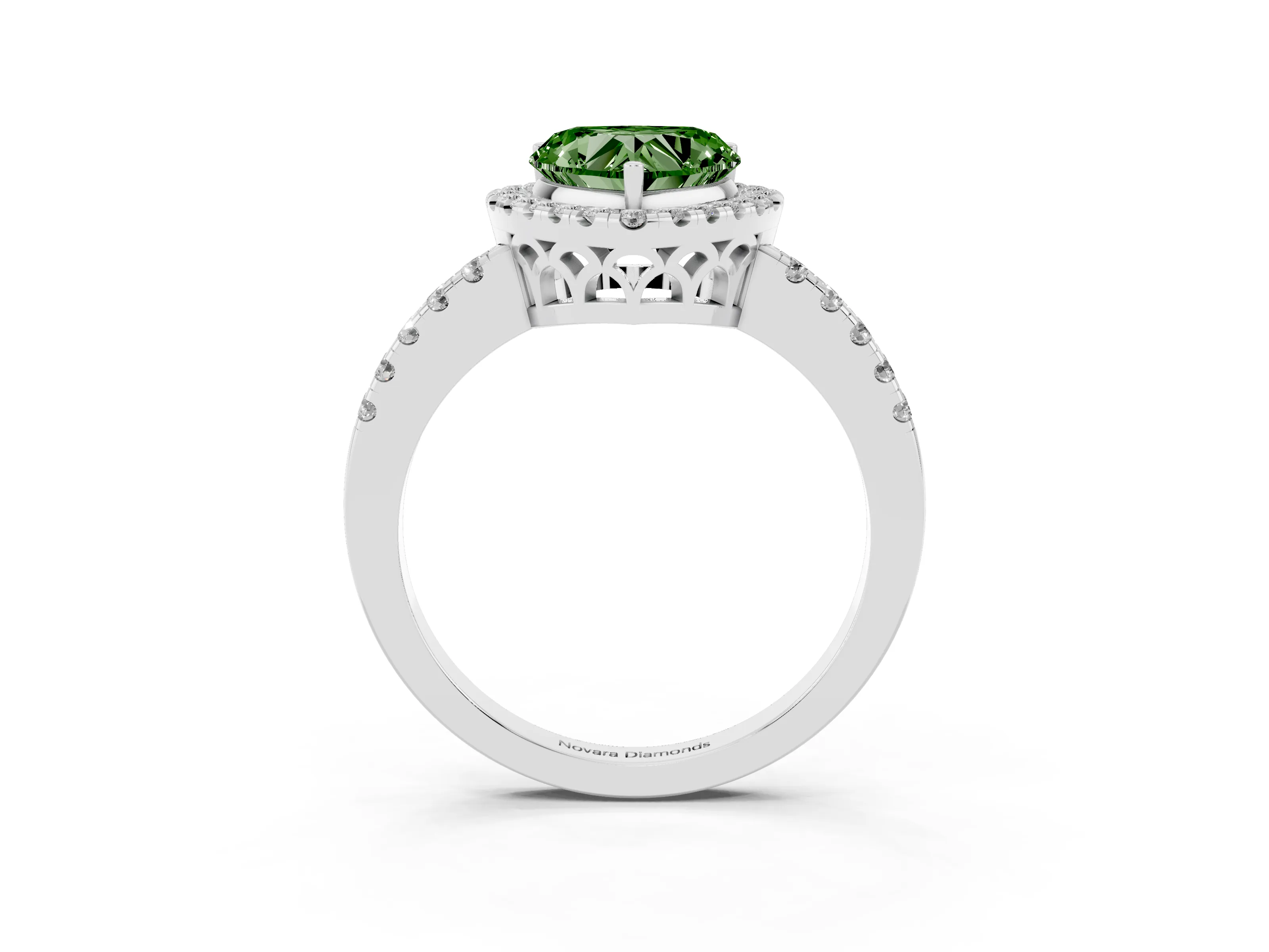Fancy Green Heart Cut Diamond Pavé Band Halo Engagement Ring Set in White gold with Prong Setting