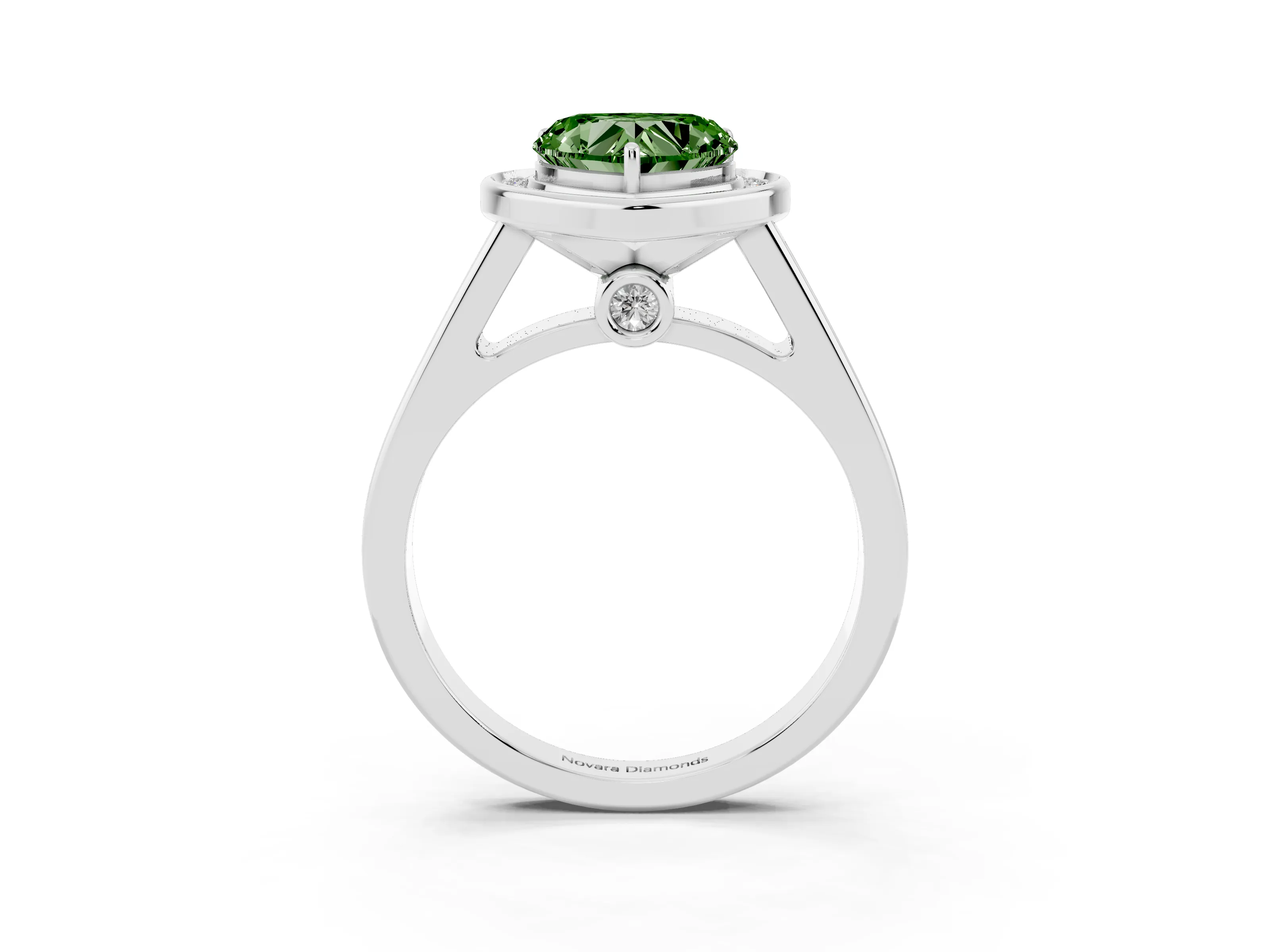 Fancy Green Heart Cut Diamond Halo Solitaire Ring Set in White gold with Pavé Band and Bezel Setting
