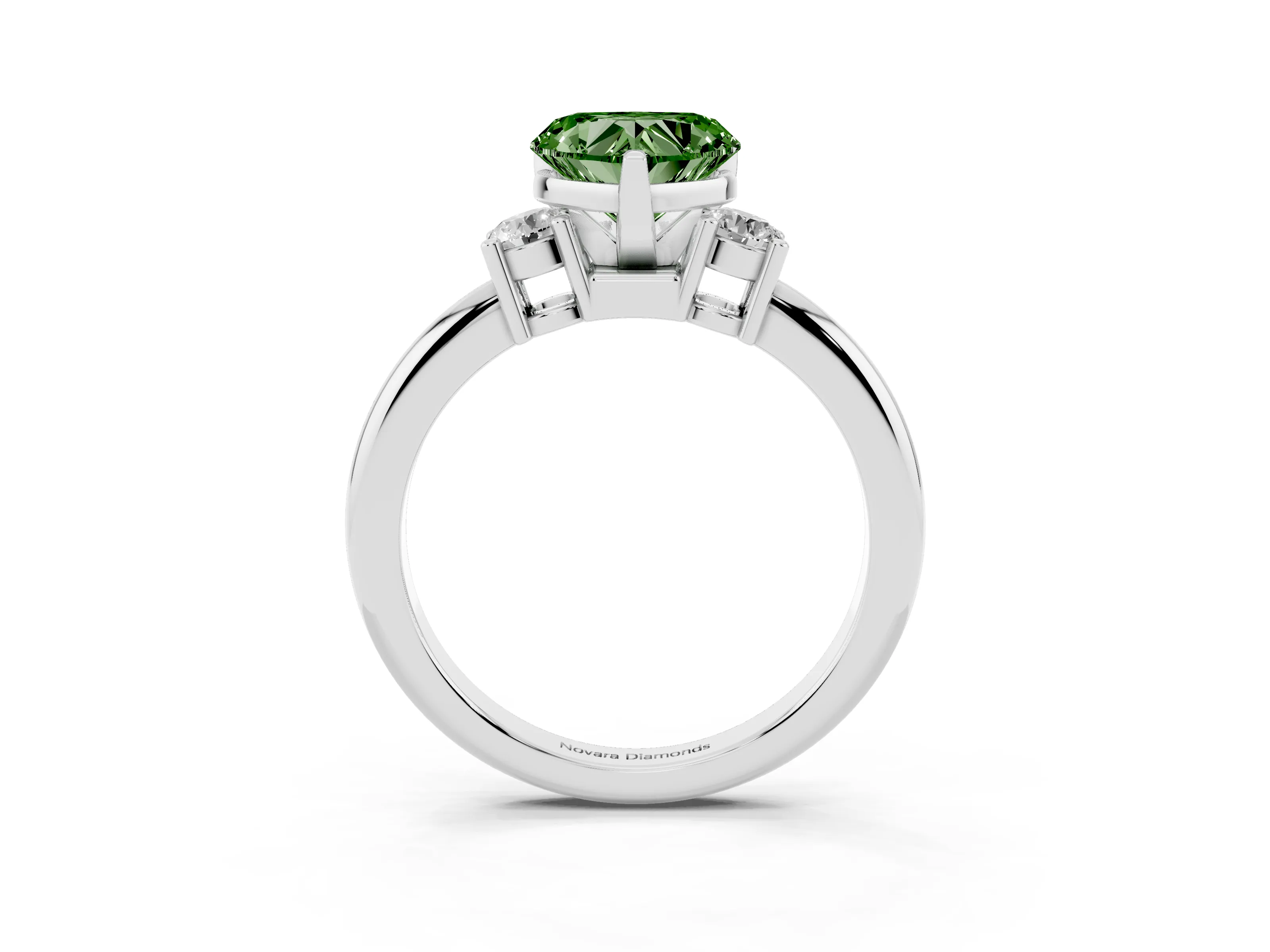 Fancy Green Three-Stone Heart Cut Diamond Ring Set in Silver with Prong Setting and Plain Band