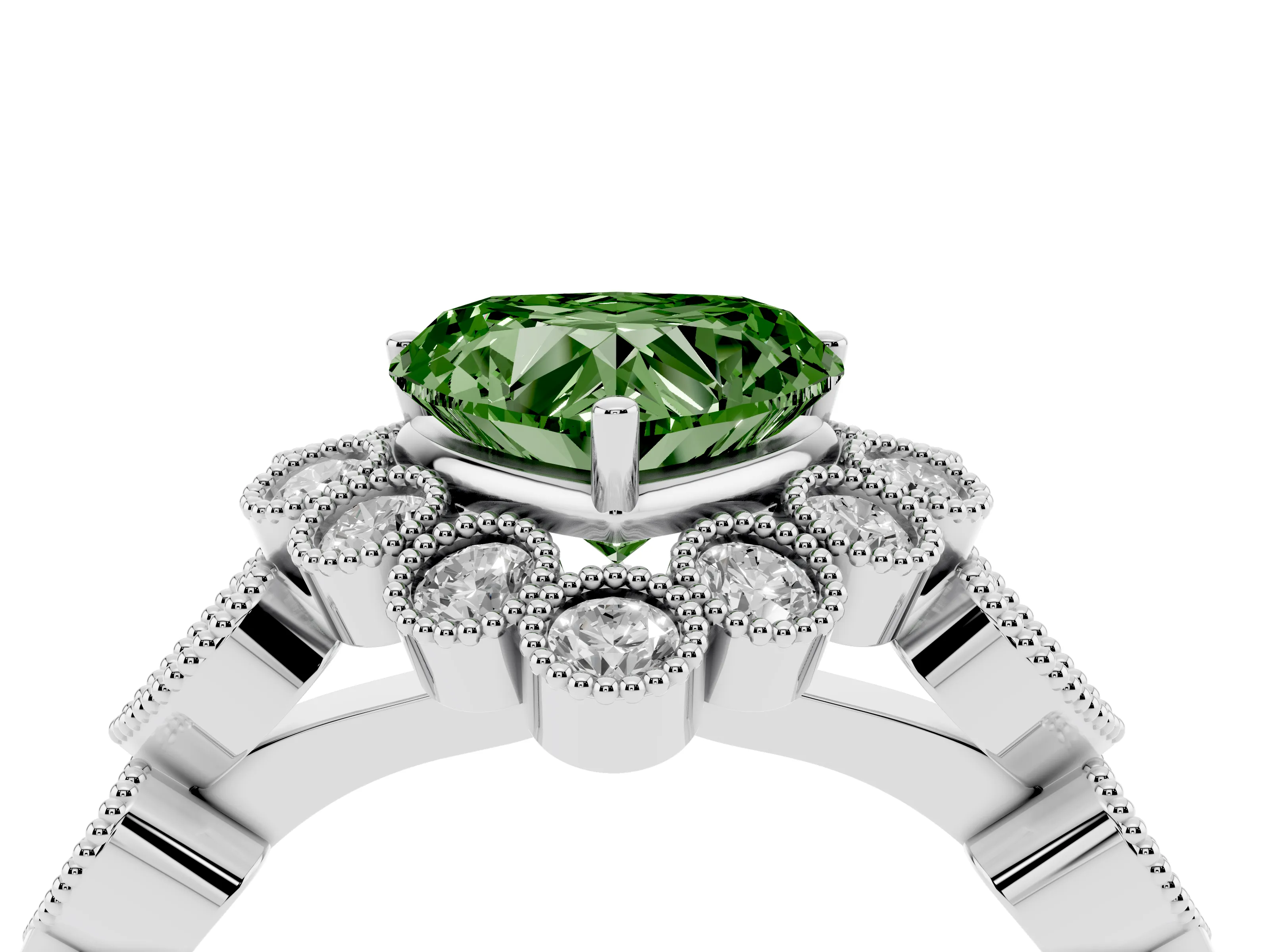 Fancy Green Heart Cut Diamond Solitaire Ring Set in Platinum with Milgrain Pavé Heart Band
