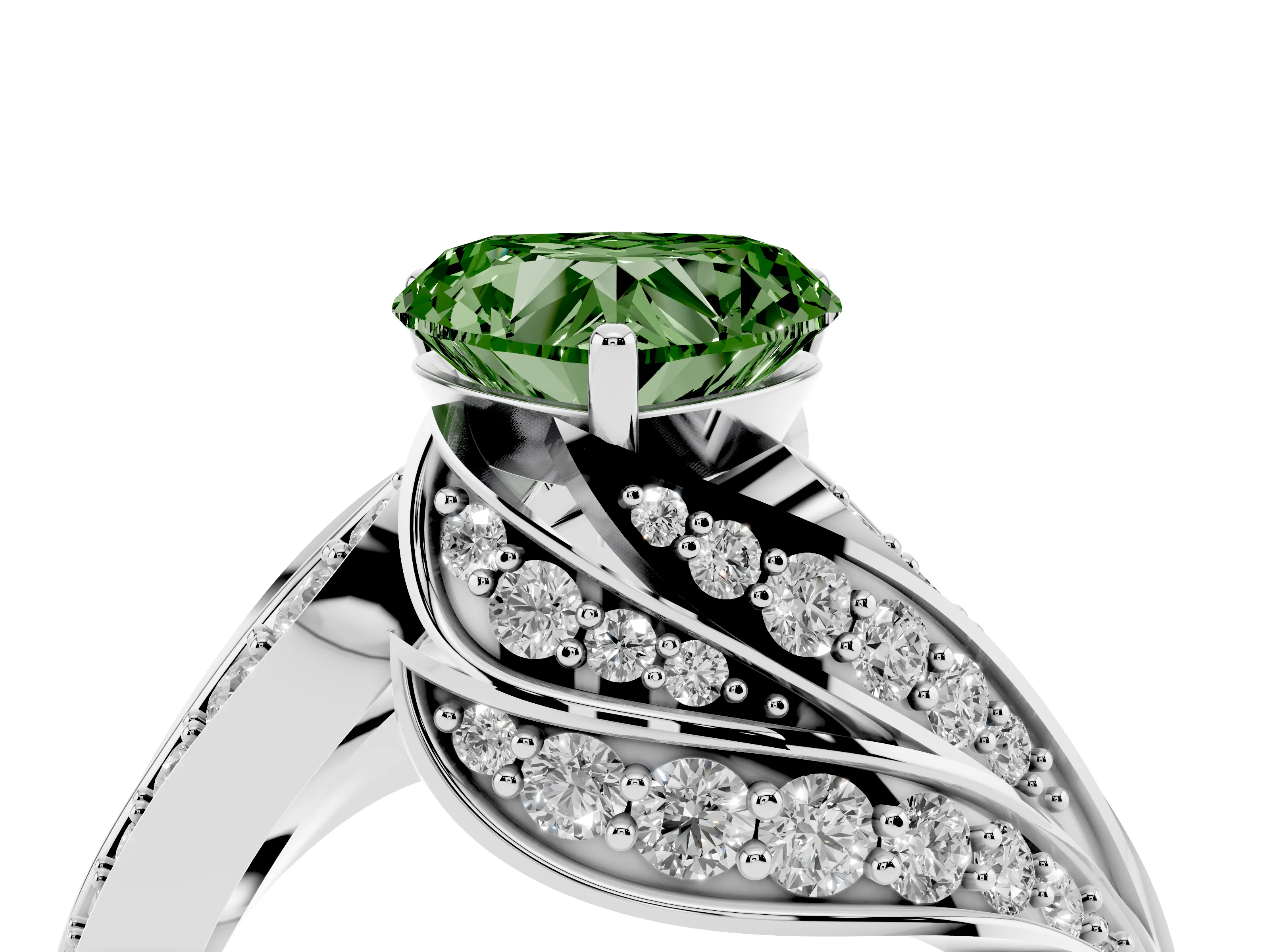 Fancy Green Heart Cut Diamond Solitaire Ring Set in Platinum with Layered Twist Pavé Band