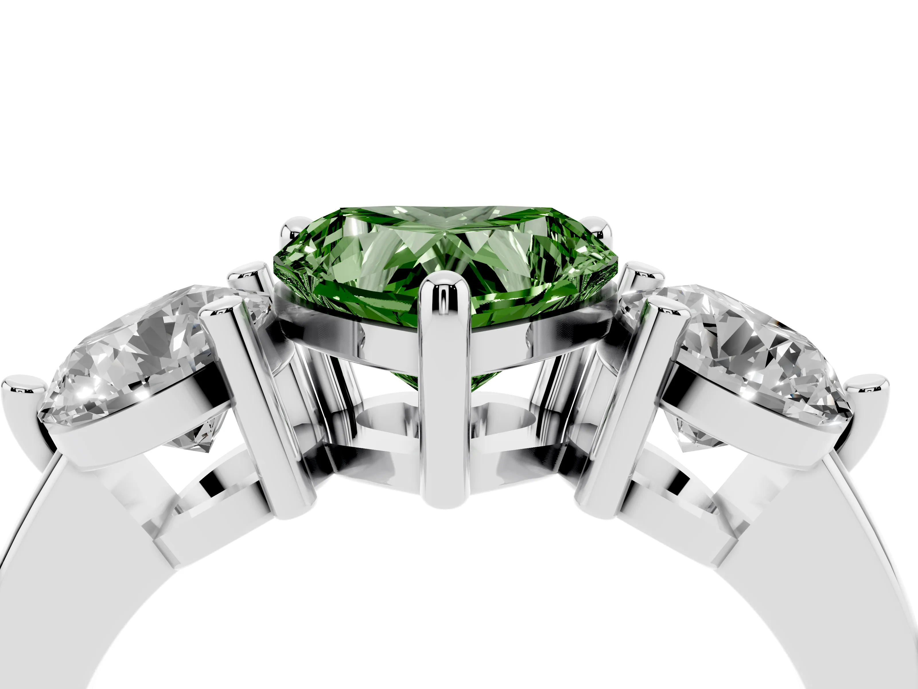 Fancy Green Heart Cut Diamond Three-Stone Ring Set in Platinum with Prong Setting and Classic Band