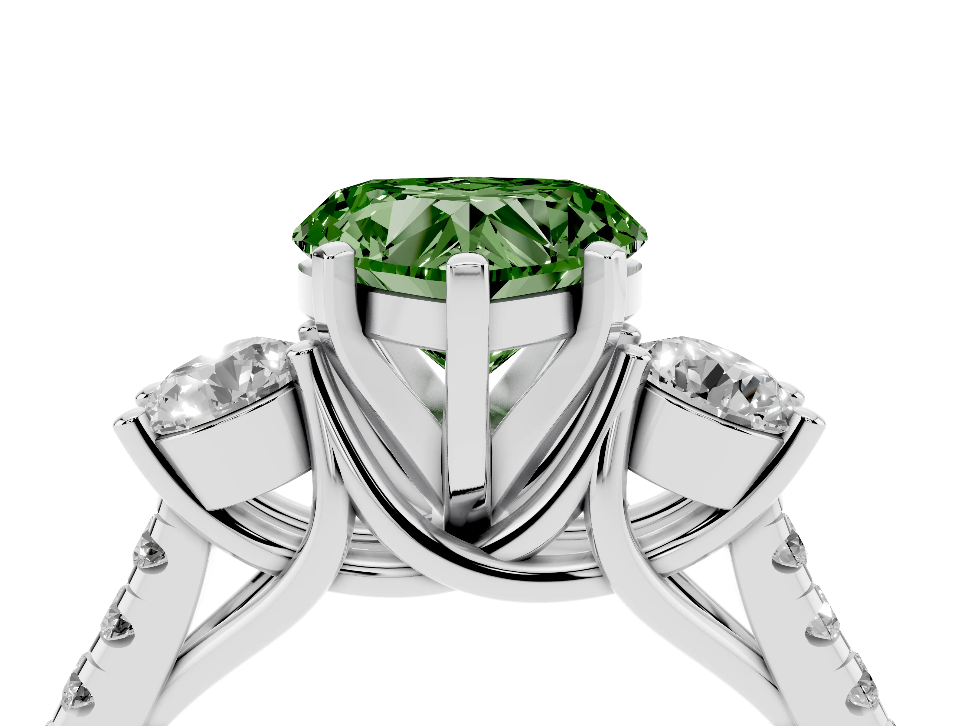 Fancy Green Three-Stone Heart Cut Diamond Pavé Band Ring Set in White gold with Prong-Set Trio