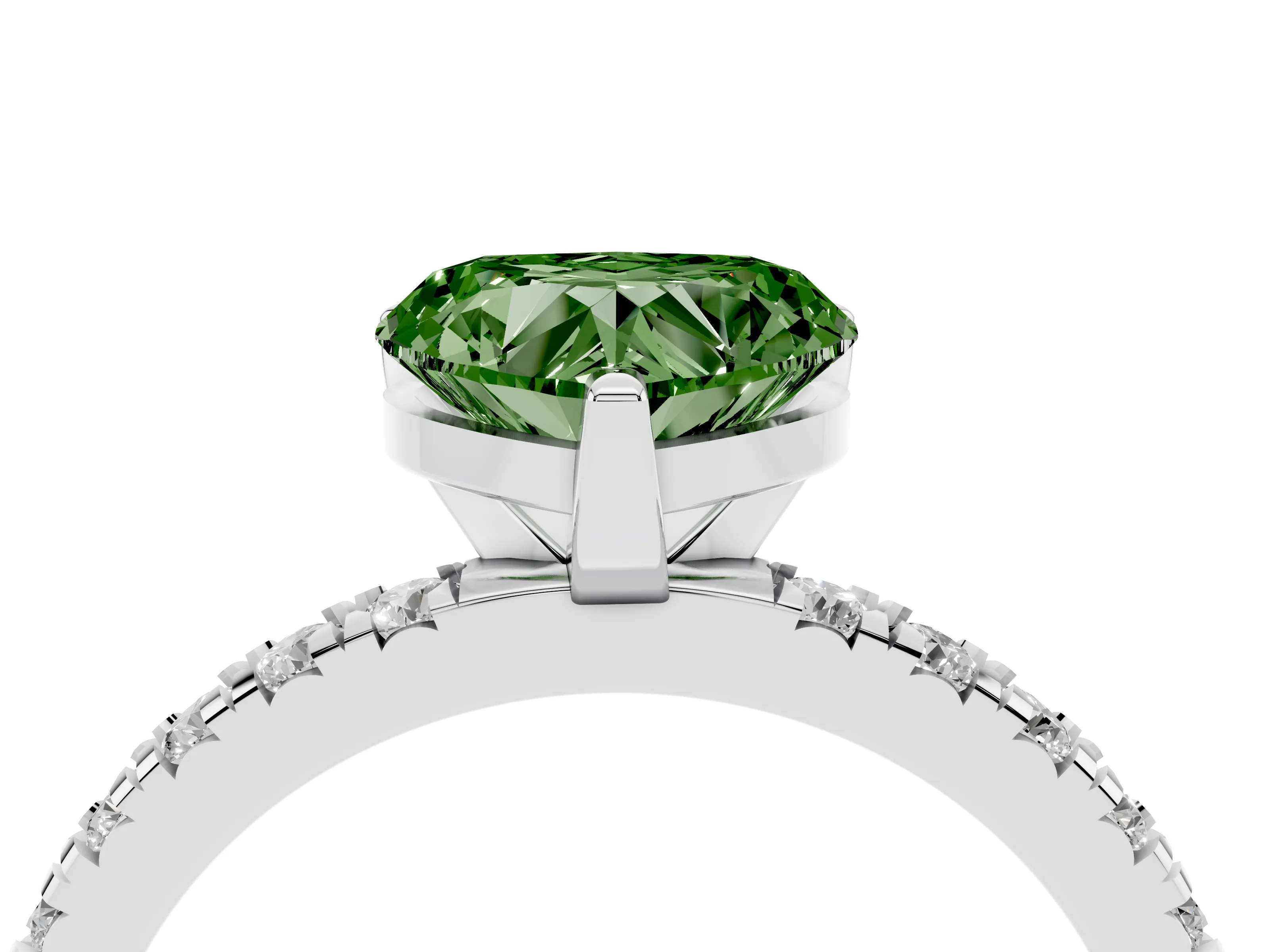 Fancy Green Heart Cut Diamond Pavé Band Solitaire Set in White gold with Prong Setting