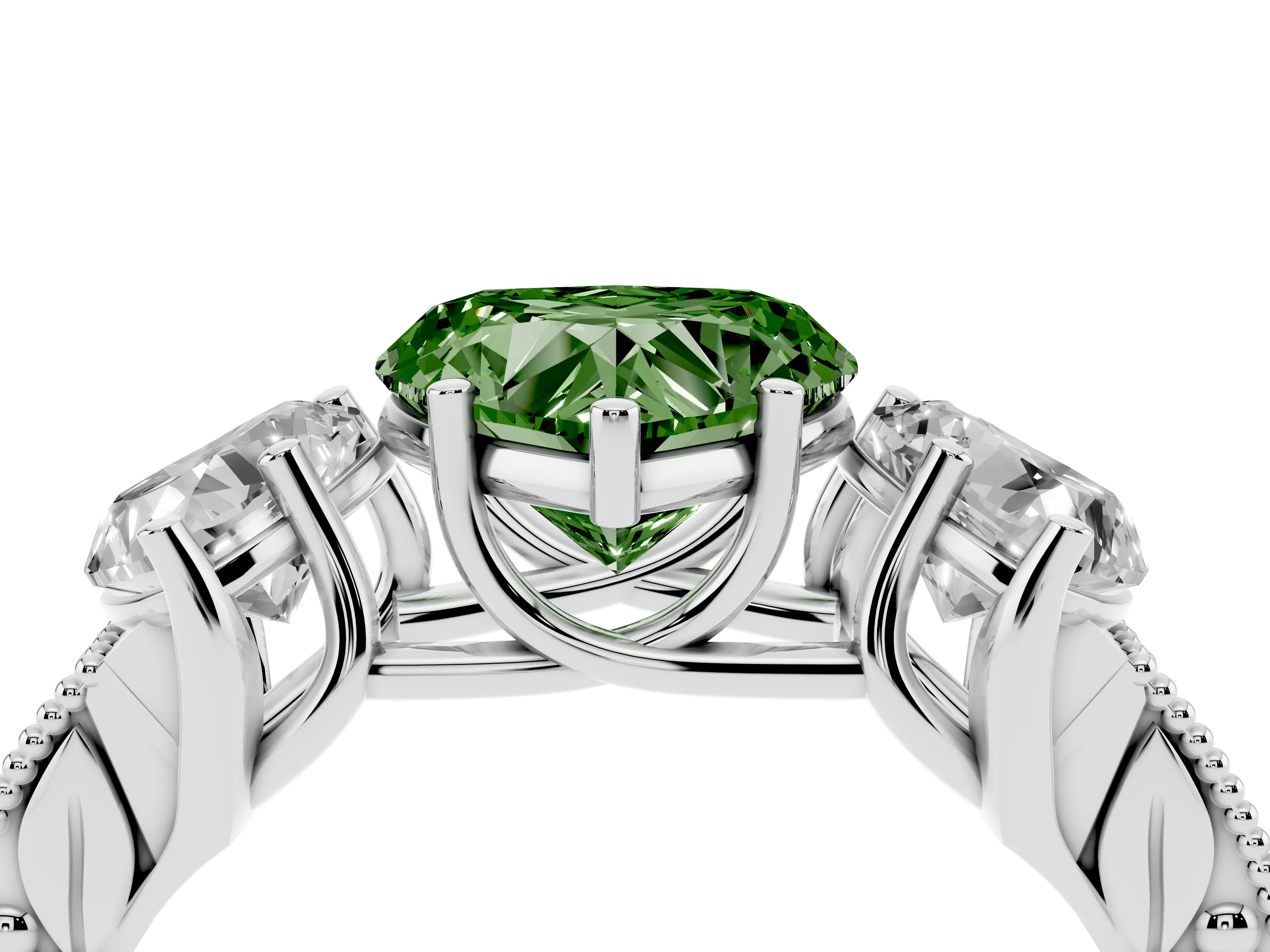 Fancy Green Heart Cut Diamond Three-Stone Engagement Ring Set in Silver with Milgrain Pavé Band