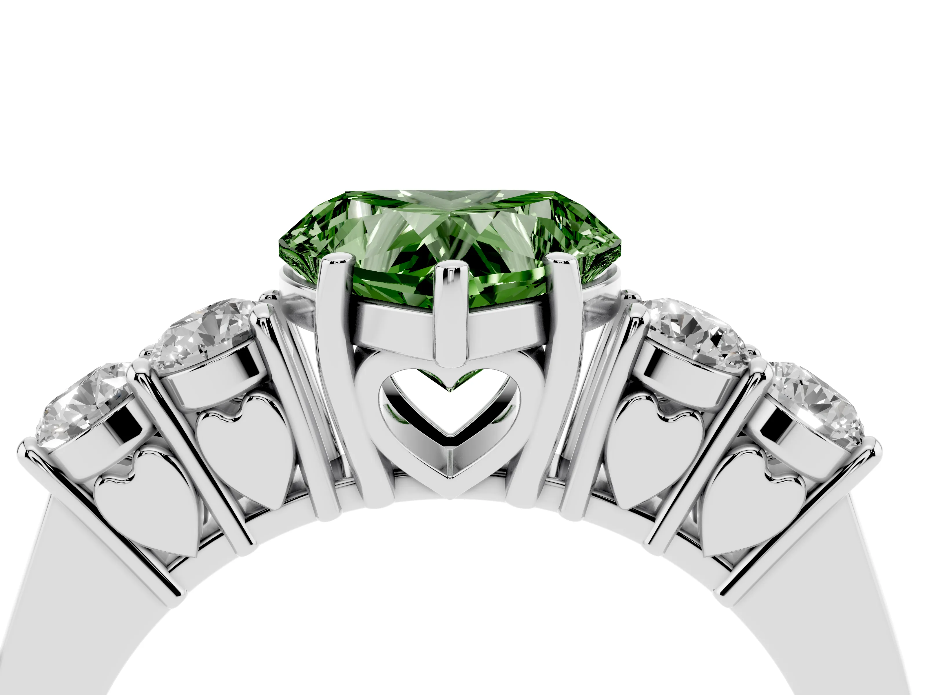 Fancy Green Heart Cut Diamond Five-Stone Prong Set Band Ring Set in Platinum with Polished Band
