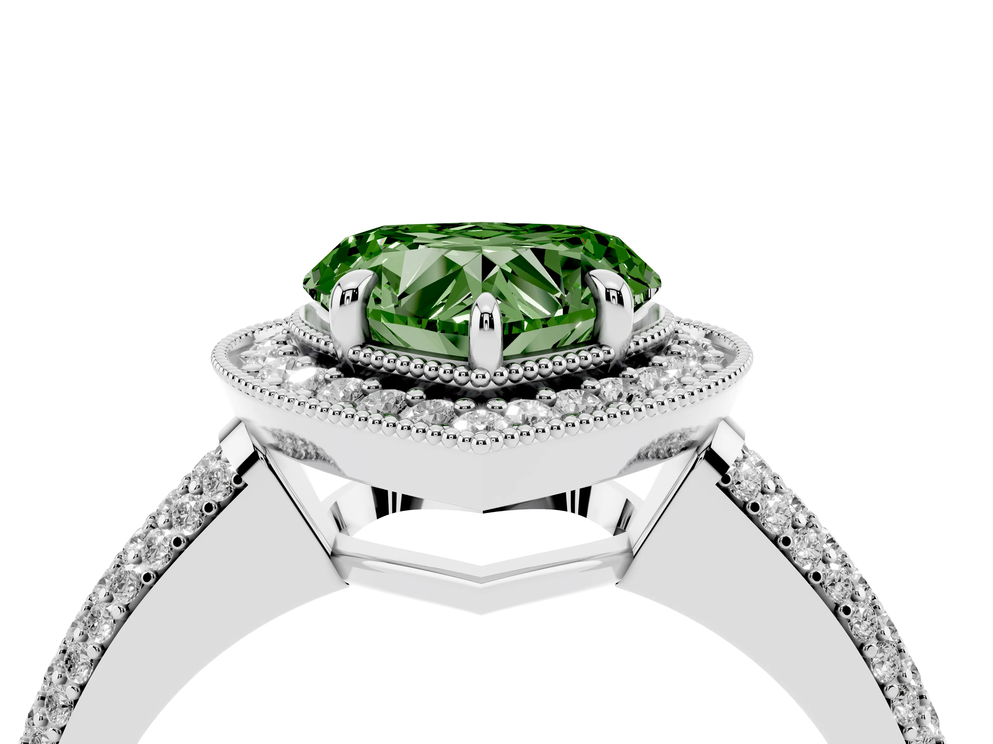 Fancy Green Heart Cut Diamond Halo Pavé Band Set in Platinum with Prong Setting
