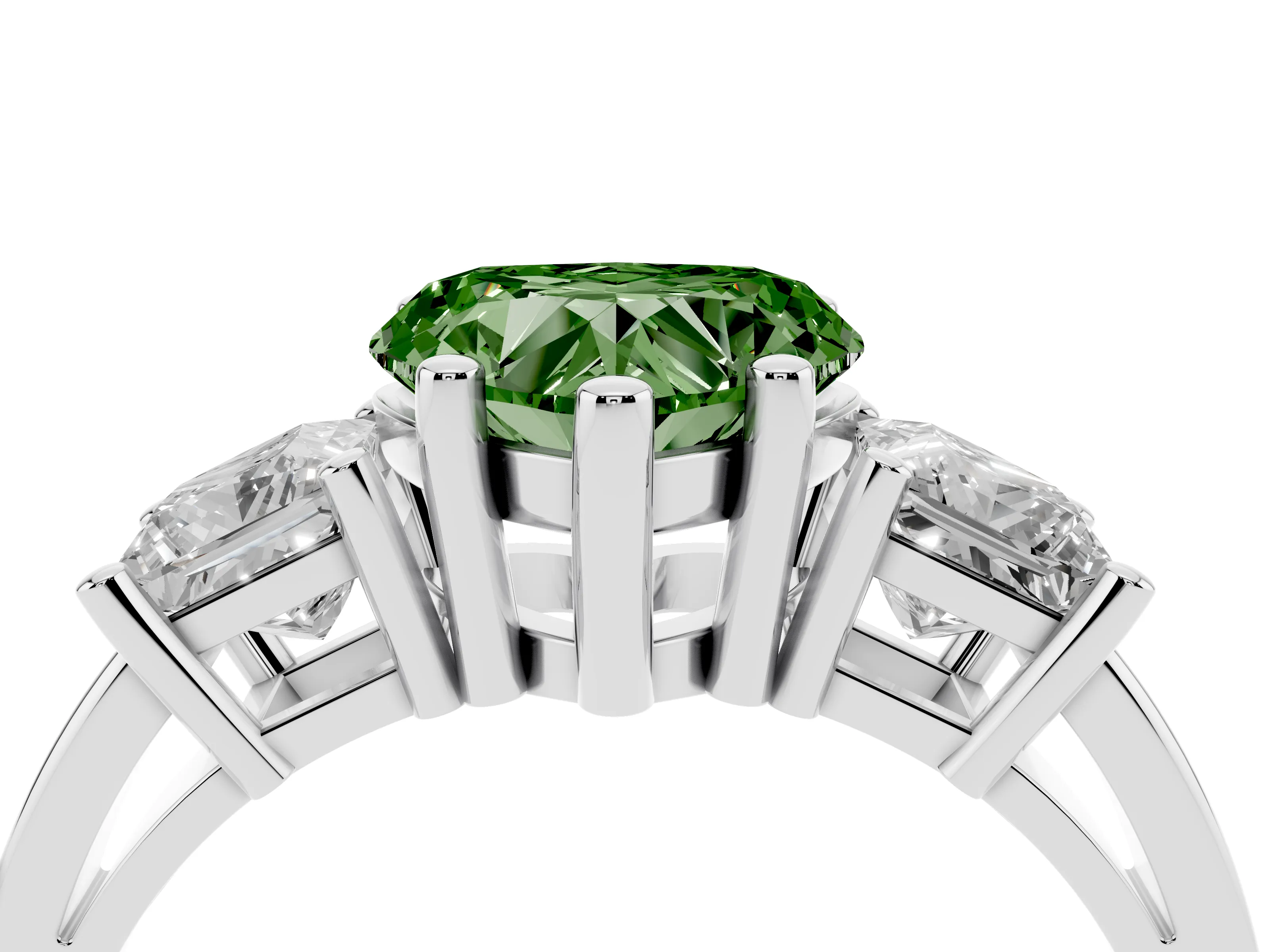 Fancy Green Three-Stone Heart Cut Diamond Solitaire Ring Set in Platinum with Prong Setting