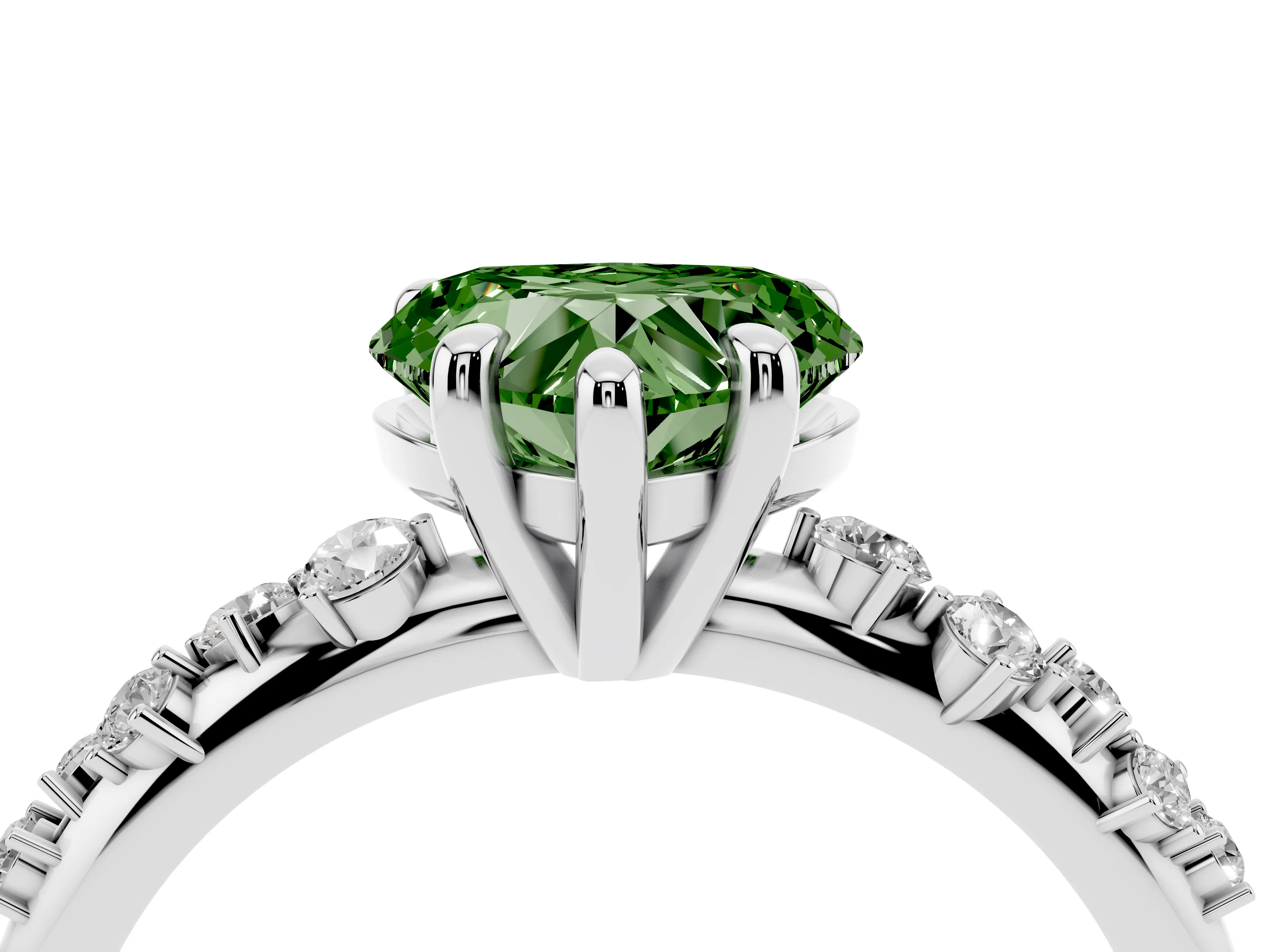 Fancy Green Heart Cut Diamond Solitaire Vine Band Ring Set in Silver with Round Accents and Prong Setting