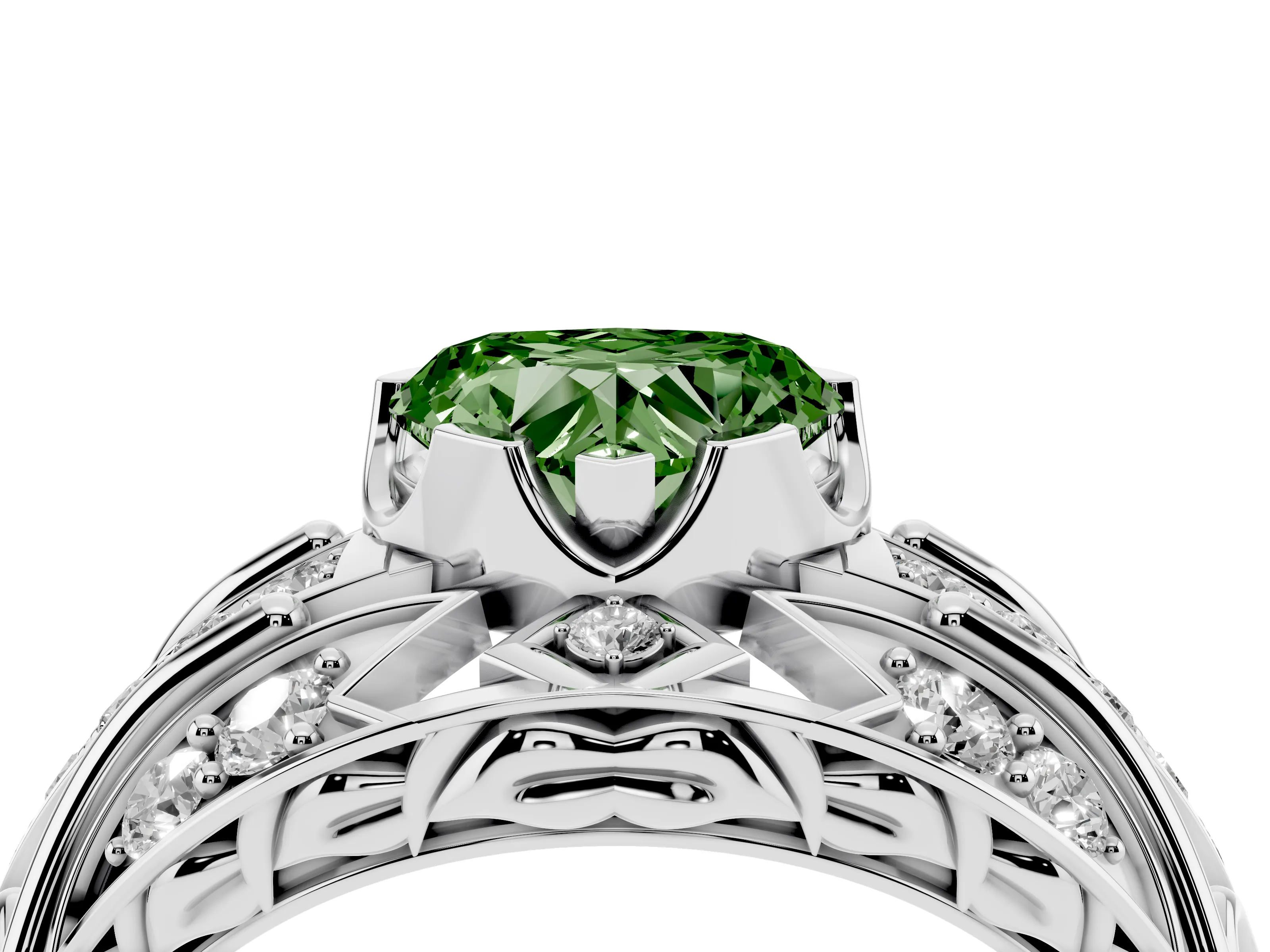 Fancy Green Heart Cut Diamond Art Deco Ring Set in Silver with Pavé Split Shank