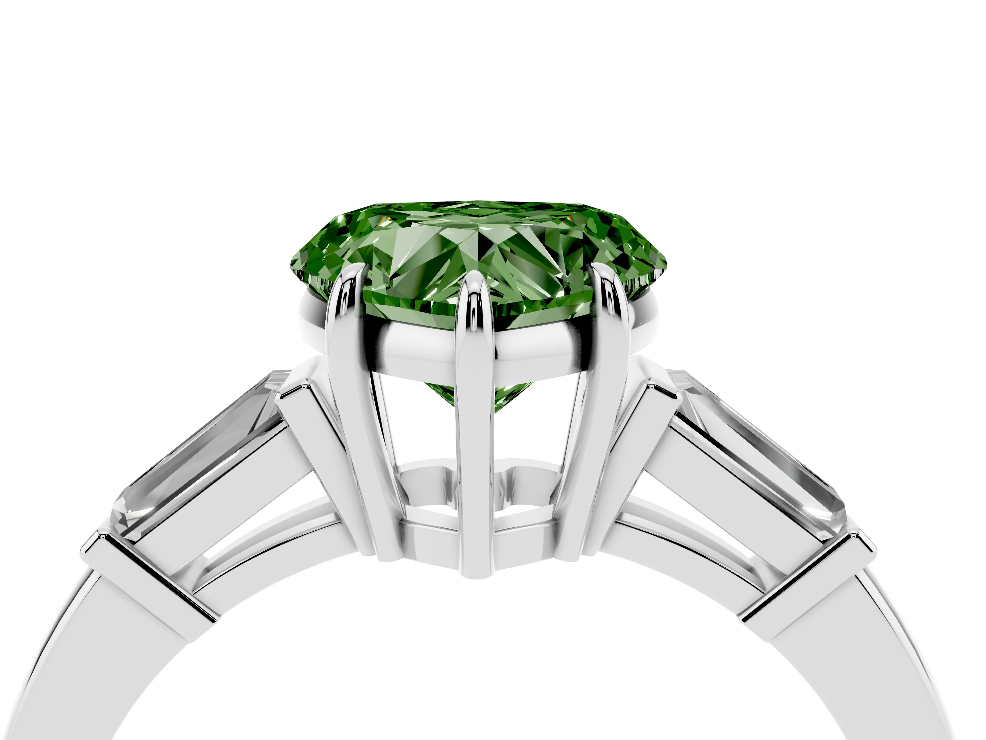 Fancy Green Heart Cut Diamond Three-Stone Ring Set in Platinum with Tapered Baguette Side Stones and Prong Setting