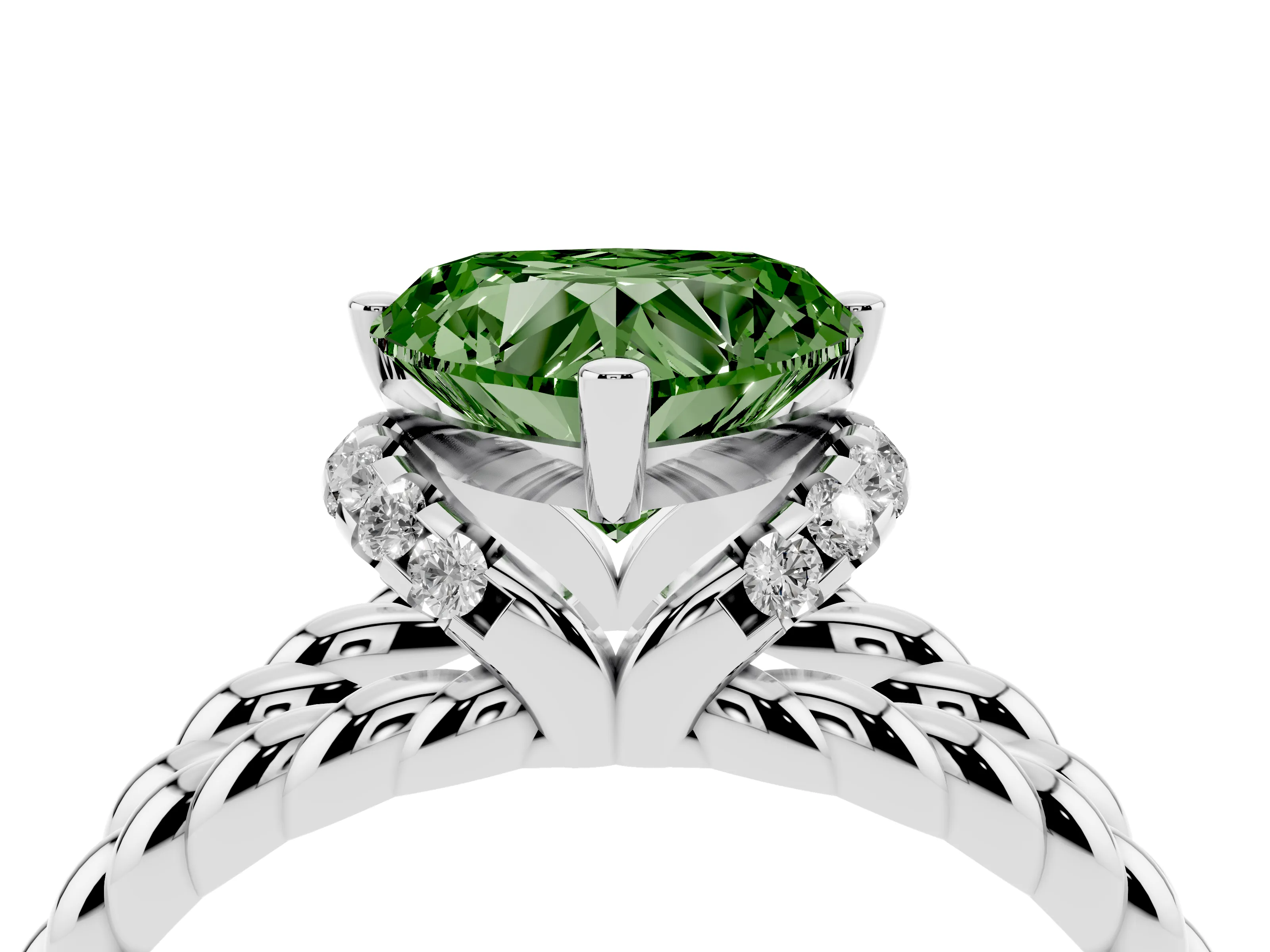 Fancy Green Heart Cut Diamond Halo Ring Set in White gold with Twisted Band and Prong Setting