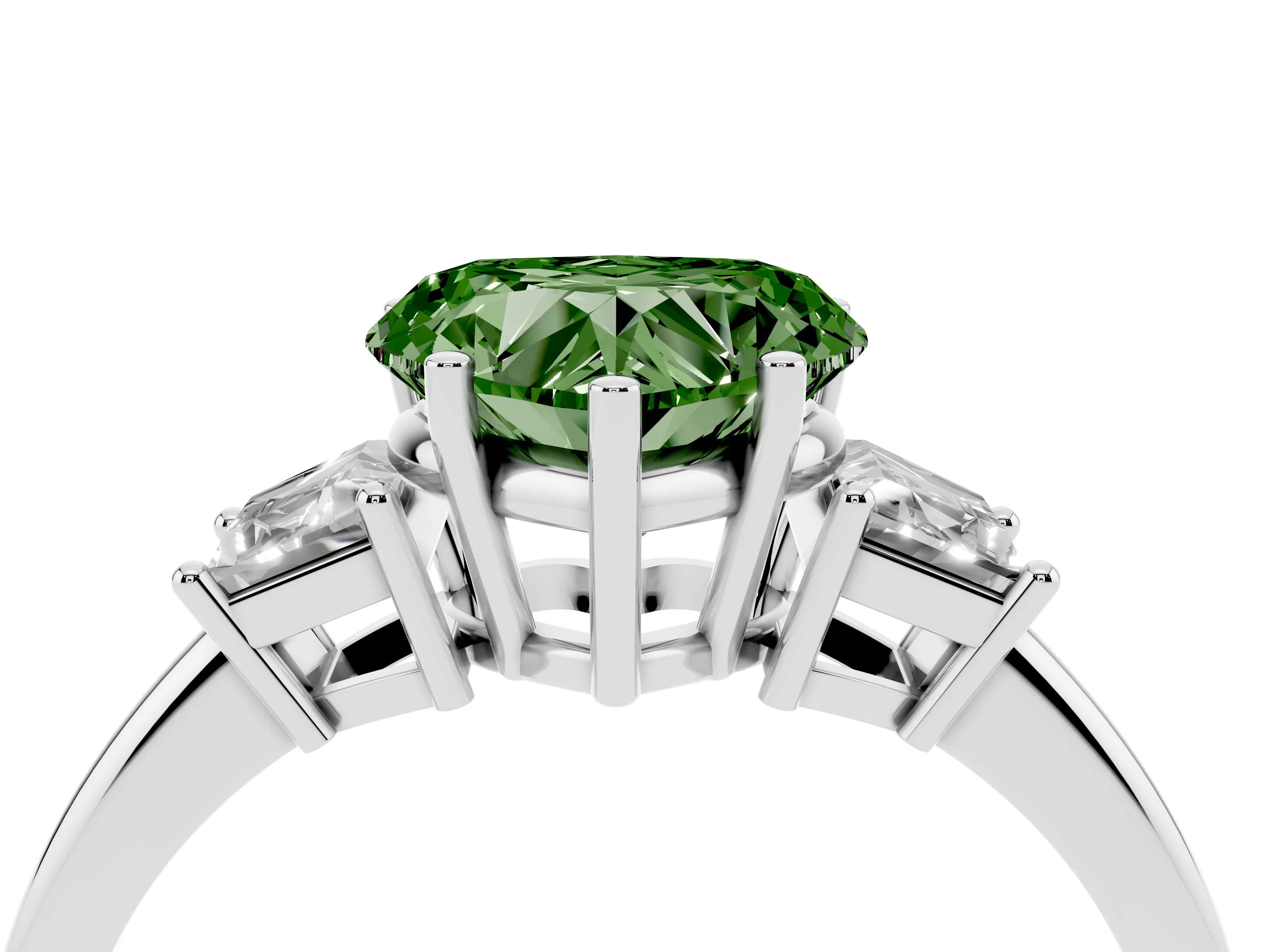 Fancy Green Heart Cut Diamond Three-Stone Ring Set in Silver with Trapezoid Side Stones and Prong Setting
