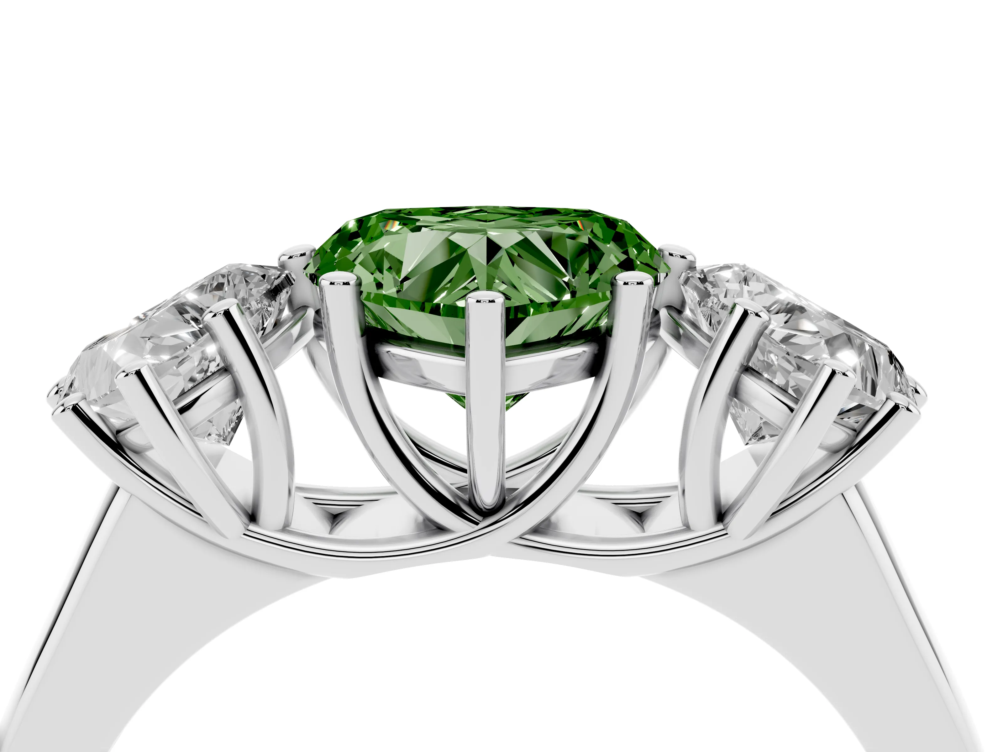 Fancy Green Heart Cut Diamond Three-Stone Ring Set in Silver with Plain Polished Band