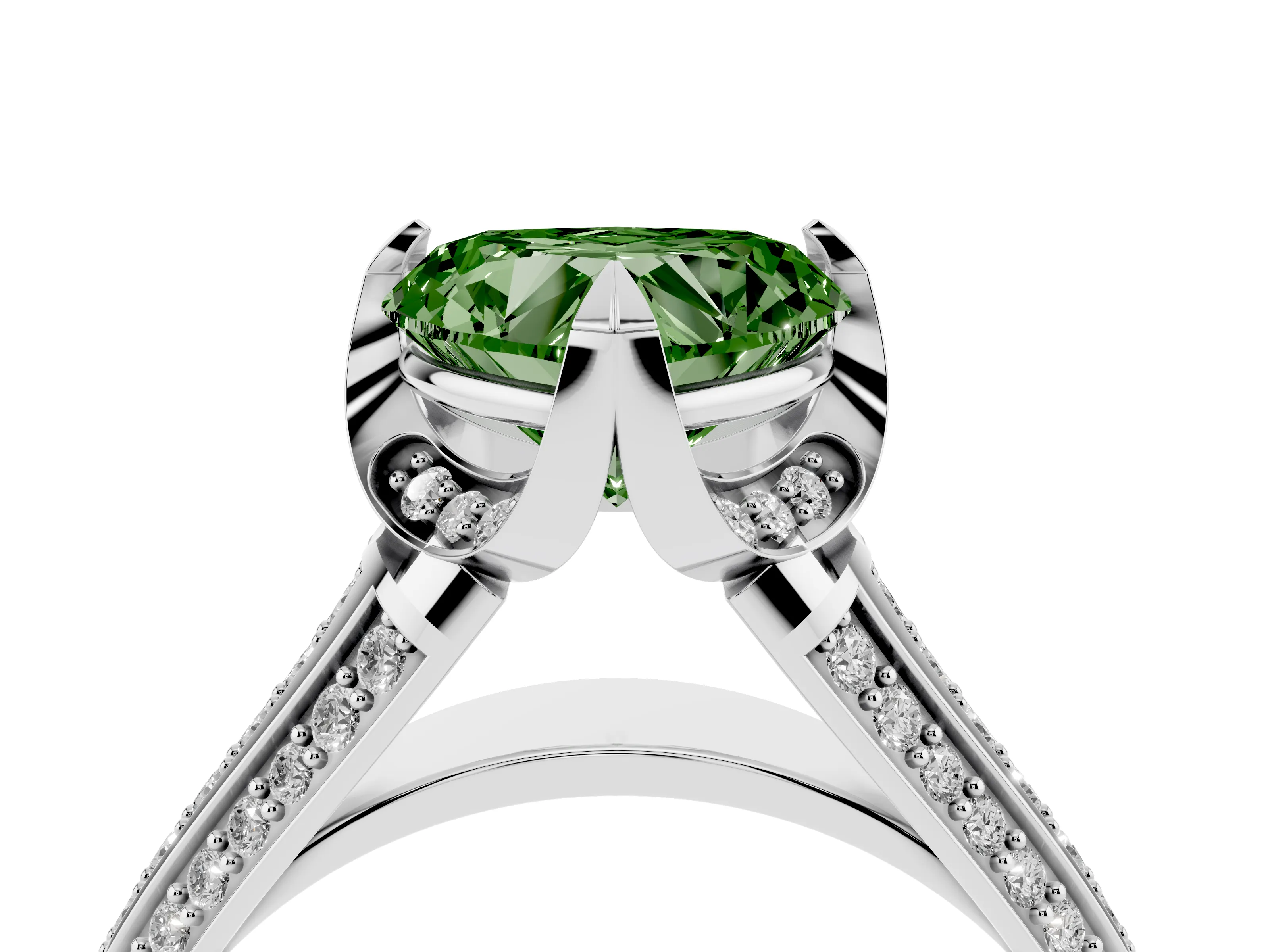 Fancy Green Heart Cut Diamond Pavé Split Shank Solitaire Ring Set in Silver with Prong Setting