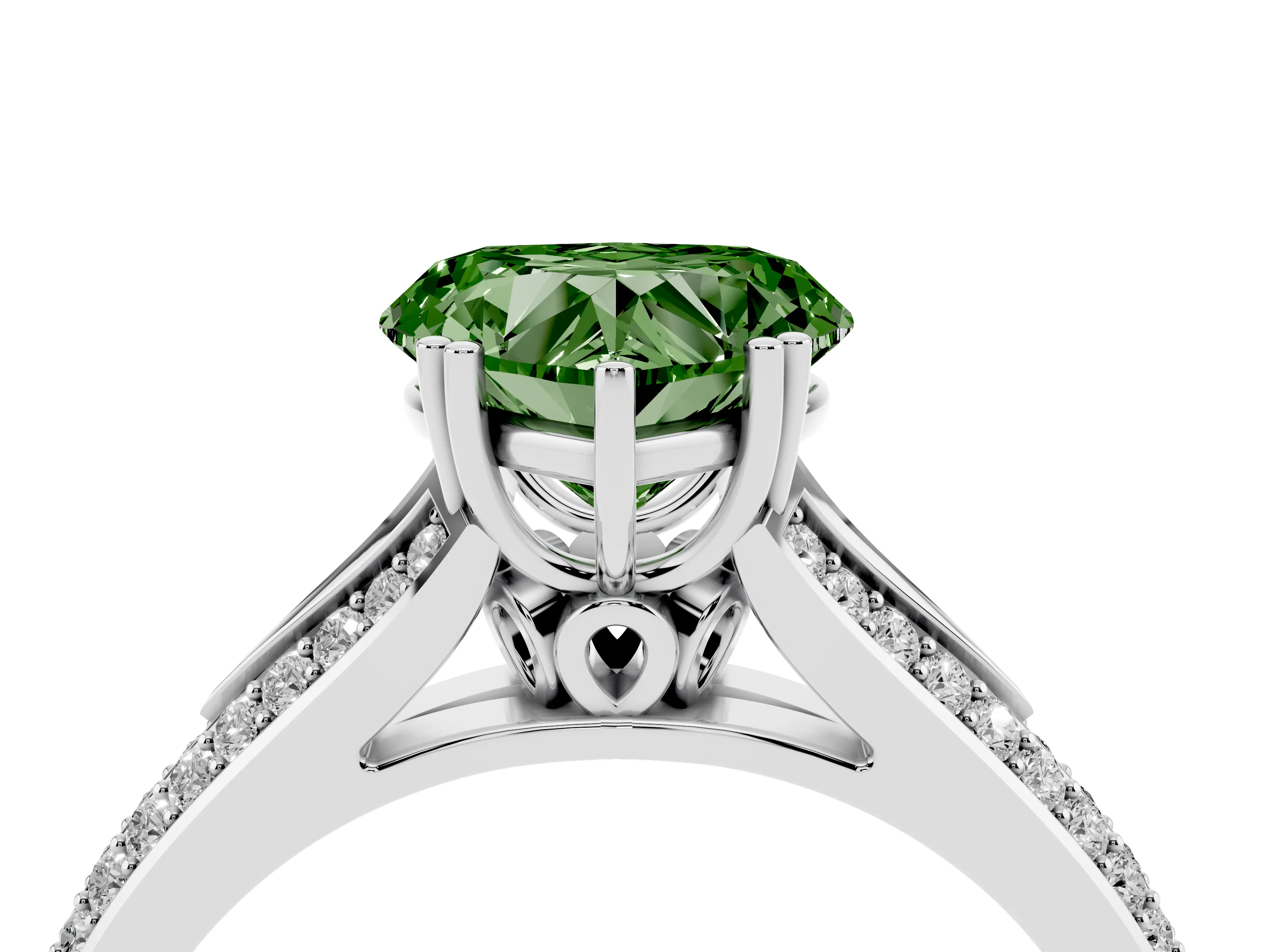 Fancy Green Heart Cut Diamond Split Shank Pavé Engagement Ring Set in White gold with Prong-Set Center Stone
