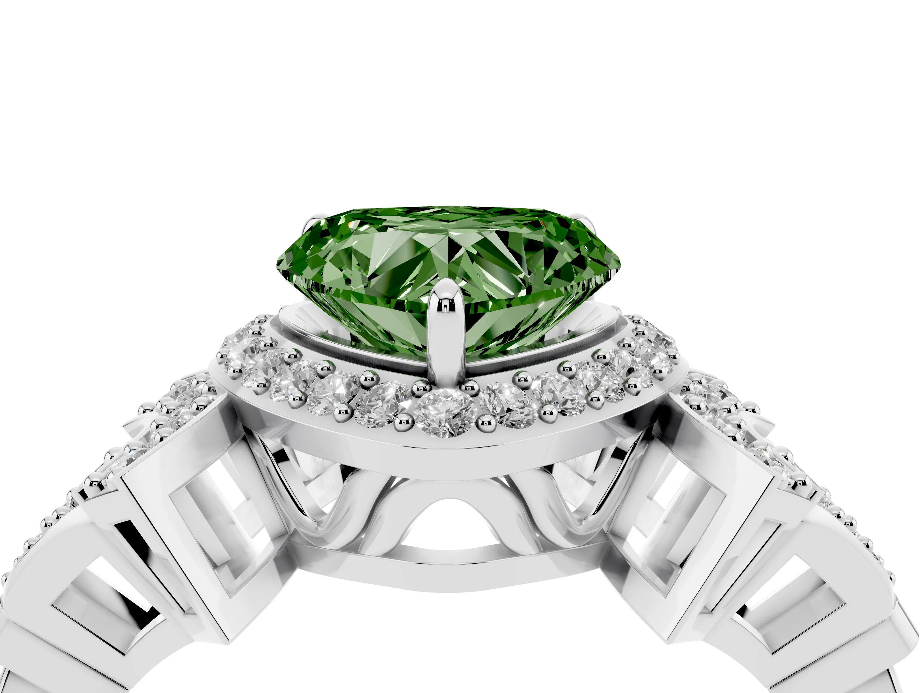 Fancy Green Heart Cut Diamond Halo Engagement Ring Set in Silver with Accent Stone Split Shank