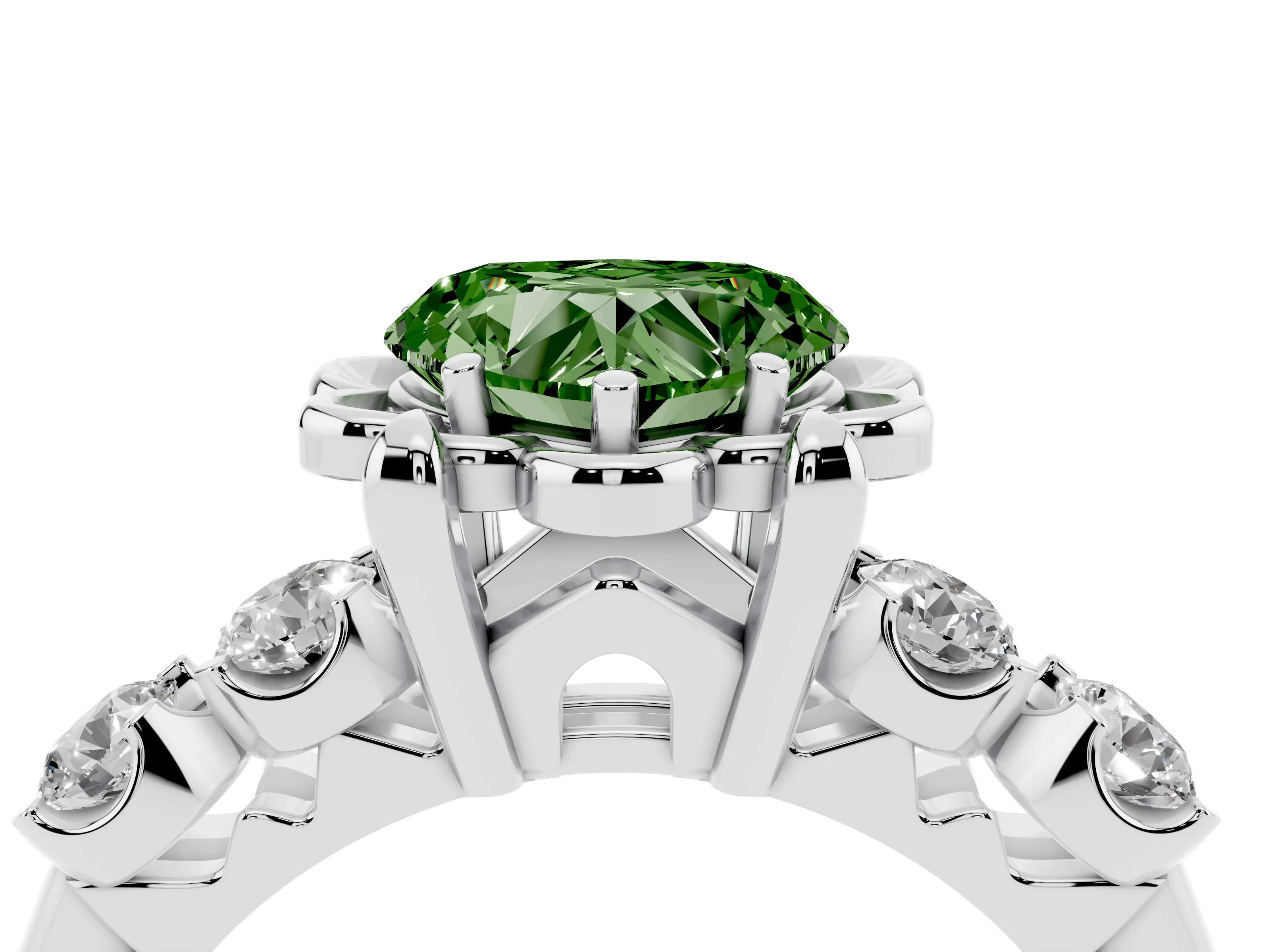 Fancy Green Heart Cut Diamond Floral Halo Ring Set in Silver with Shared Prong Band