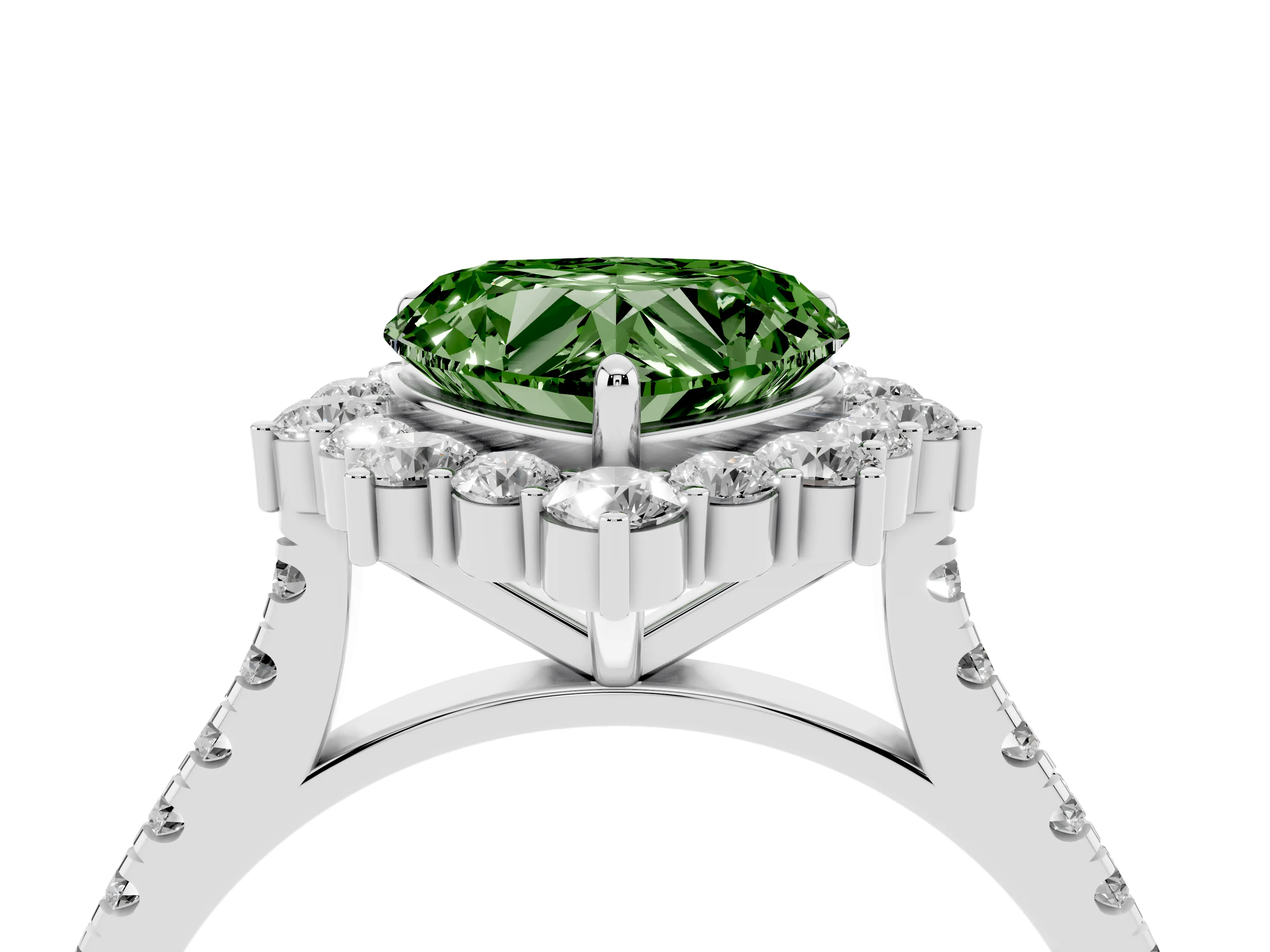 Fancy Green Heart Cut Diamond Halo Ring Set in Silver with Pavé Band and Prong Setting