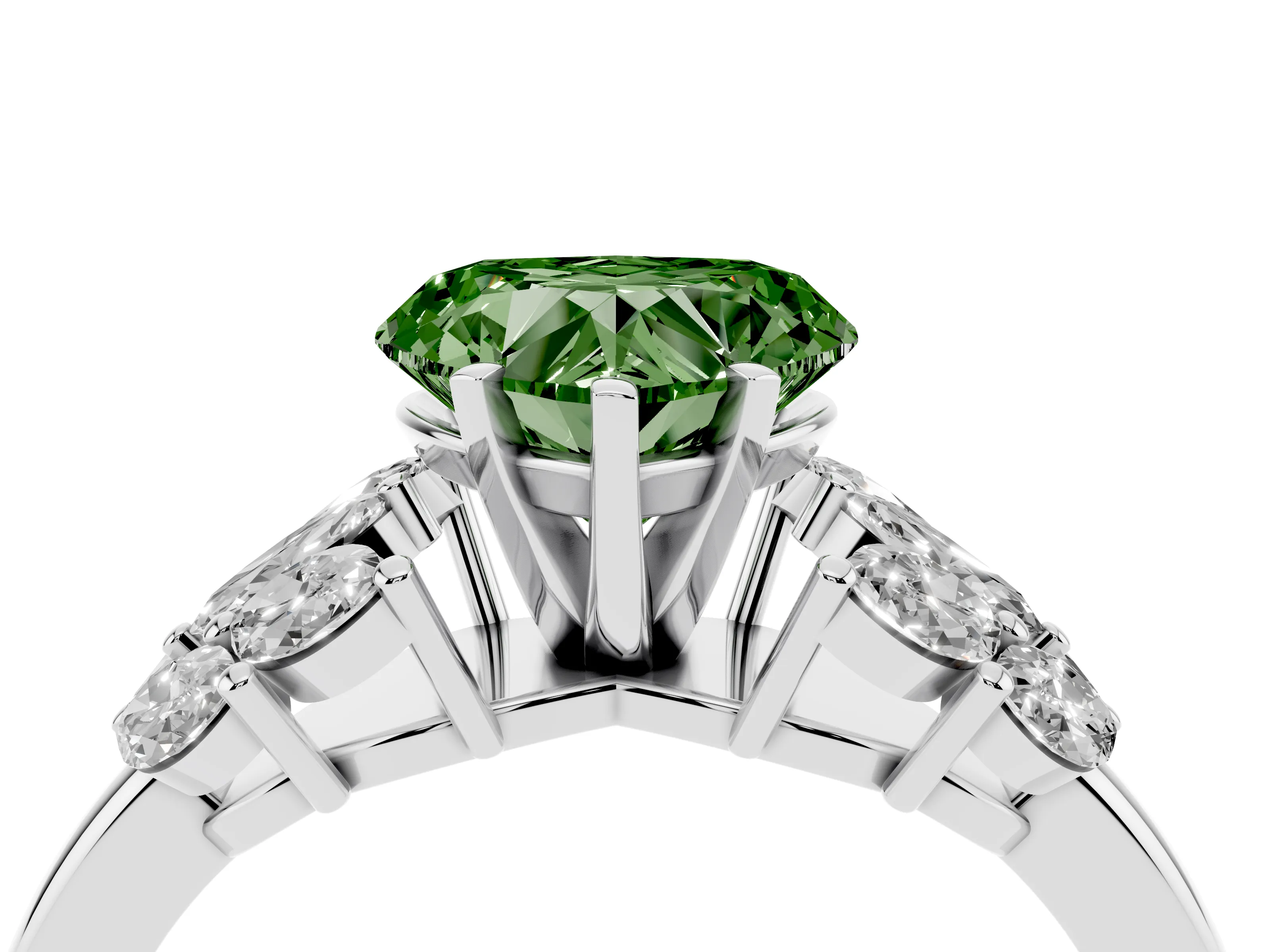 Fancy Green Heart Cut Diamond Cluster Leaf Design Ring Set in Silver with Prong Setting