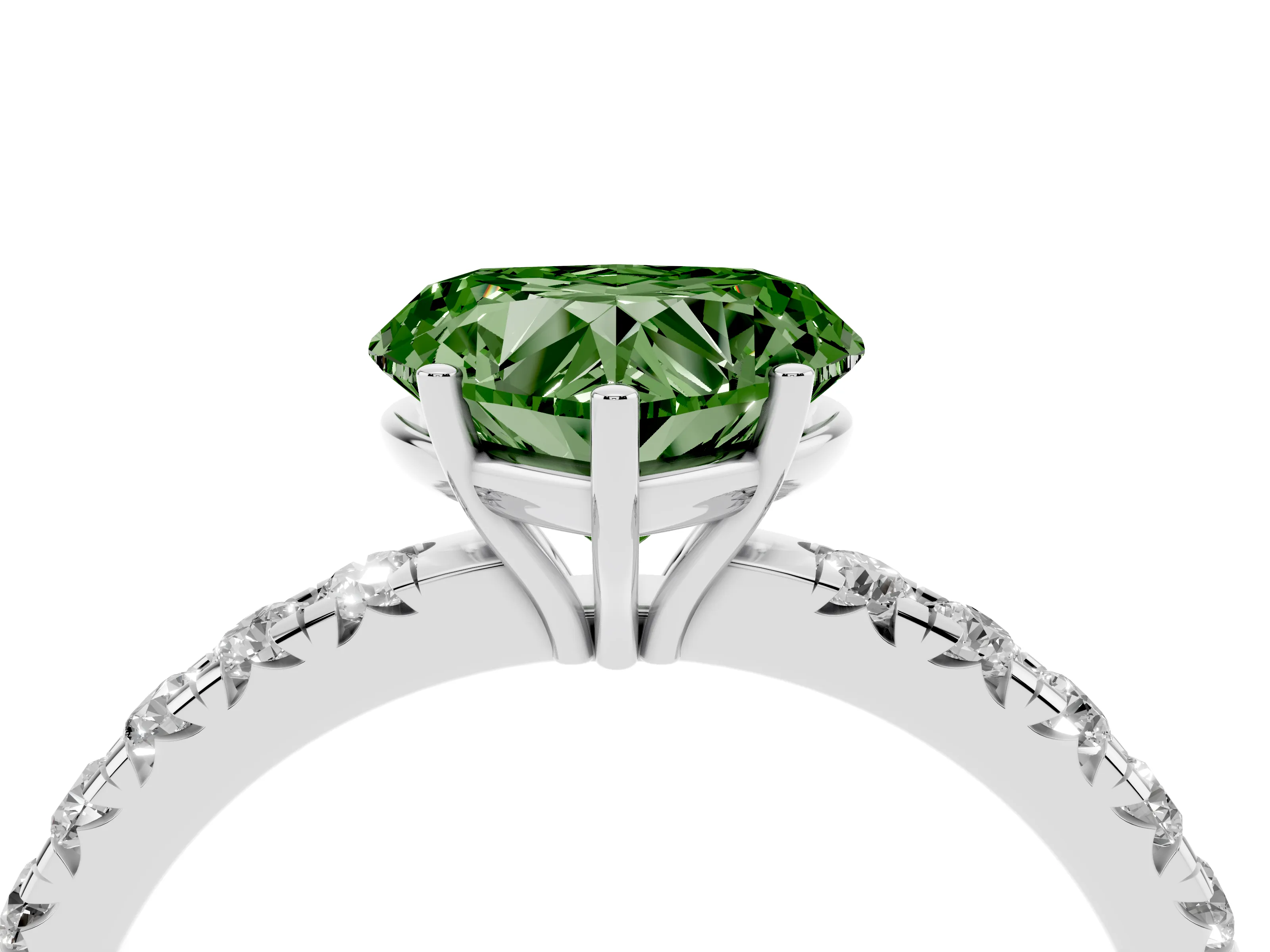 Fancy Green Heart Cut Diamond Pavé Solitaire Engagement Ring Set in White gold with Prong Setting