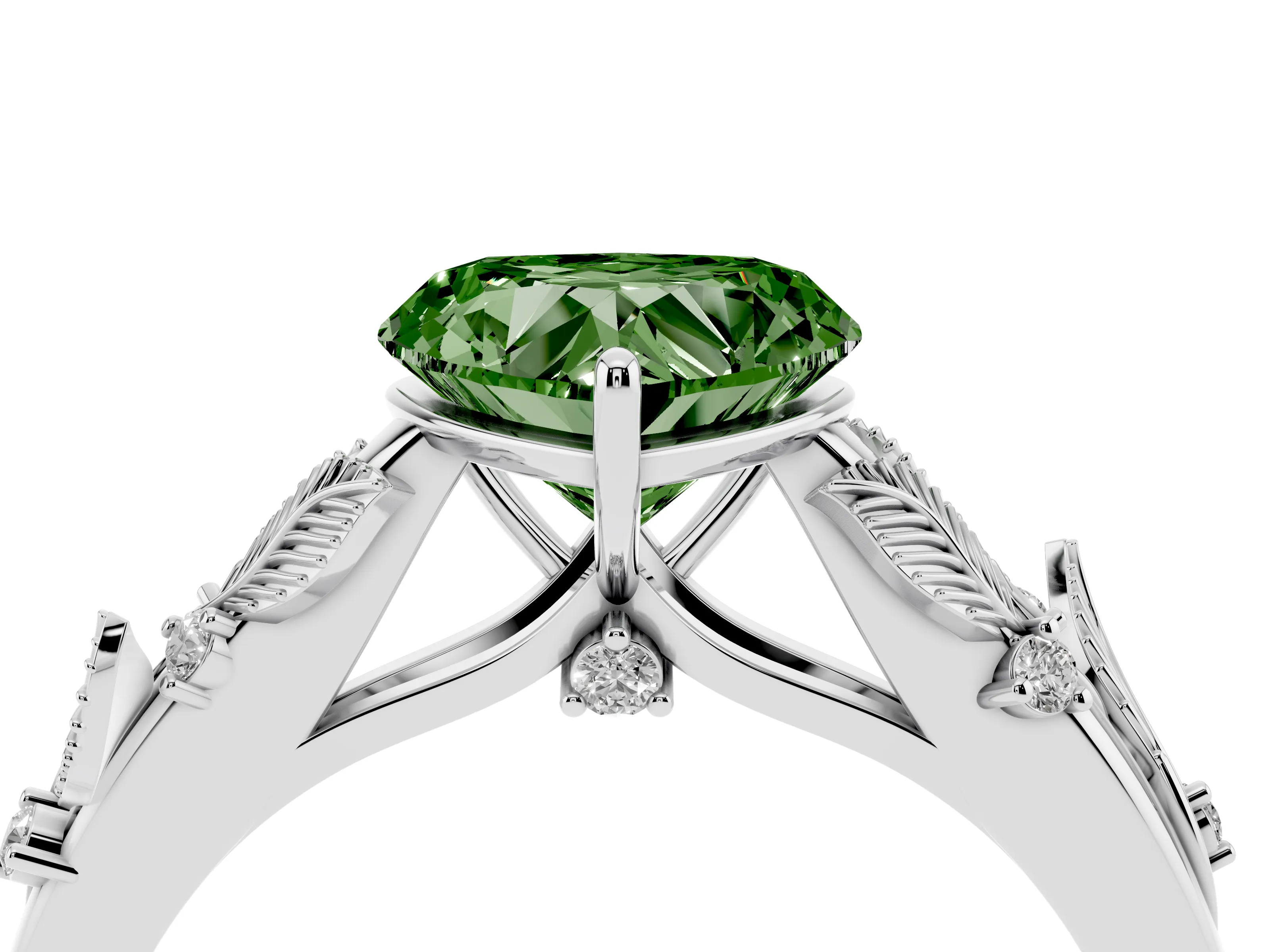 Fancy Green Heart Cut Diamond Solitaire Ring Set in Silver with Leaf Motif Band