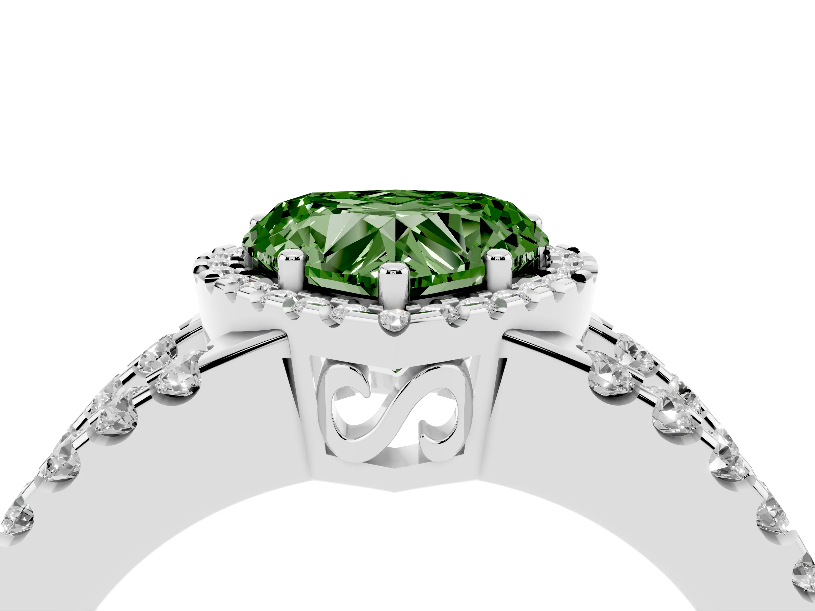 Fancy Green Heart Cut Diamond Halo Ring Set in Silver with Pavé Split Shank and Prong Setting