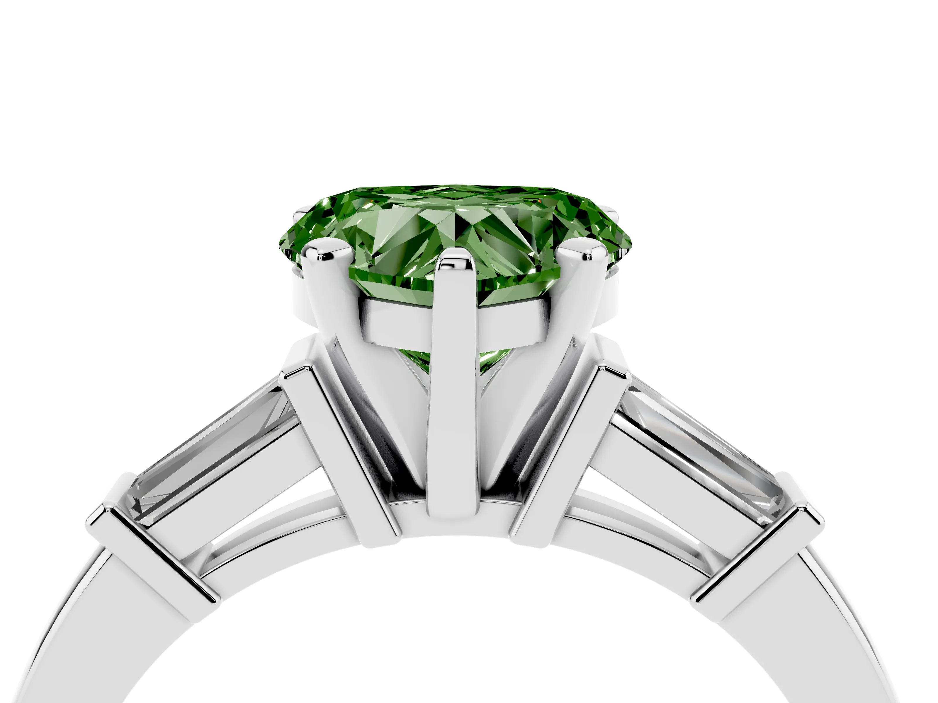 Fancy Green Heart Cut Diamond Solitaire Ring Set in Silver with Tapered Baguette Accents and Prong Setting