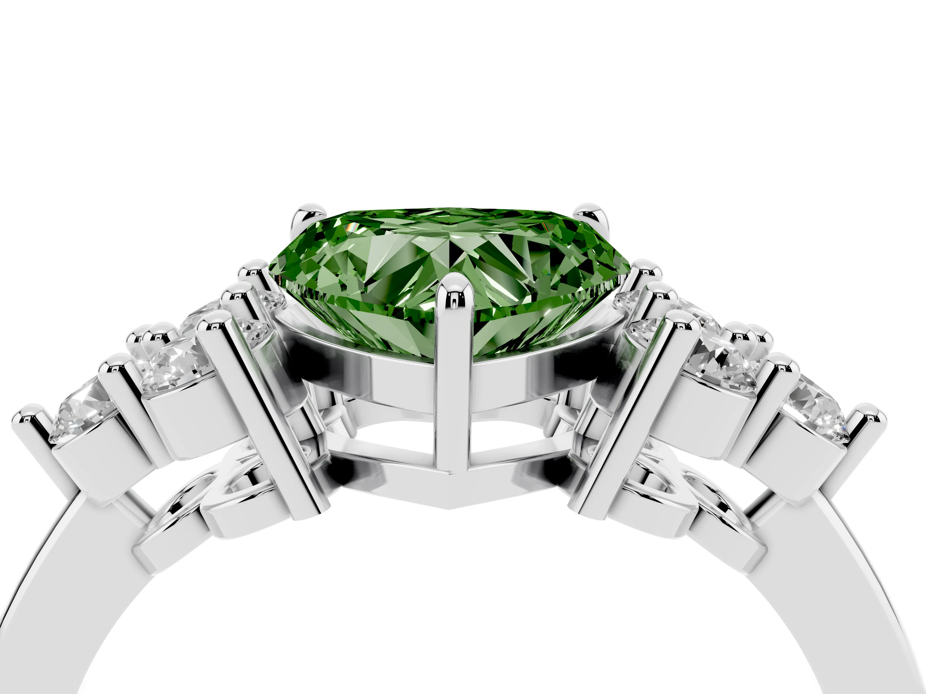 Fancy Green Heart Cut Diamond Solitaire Ring Set in Silver with Cluster Accents on Each Side