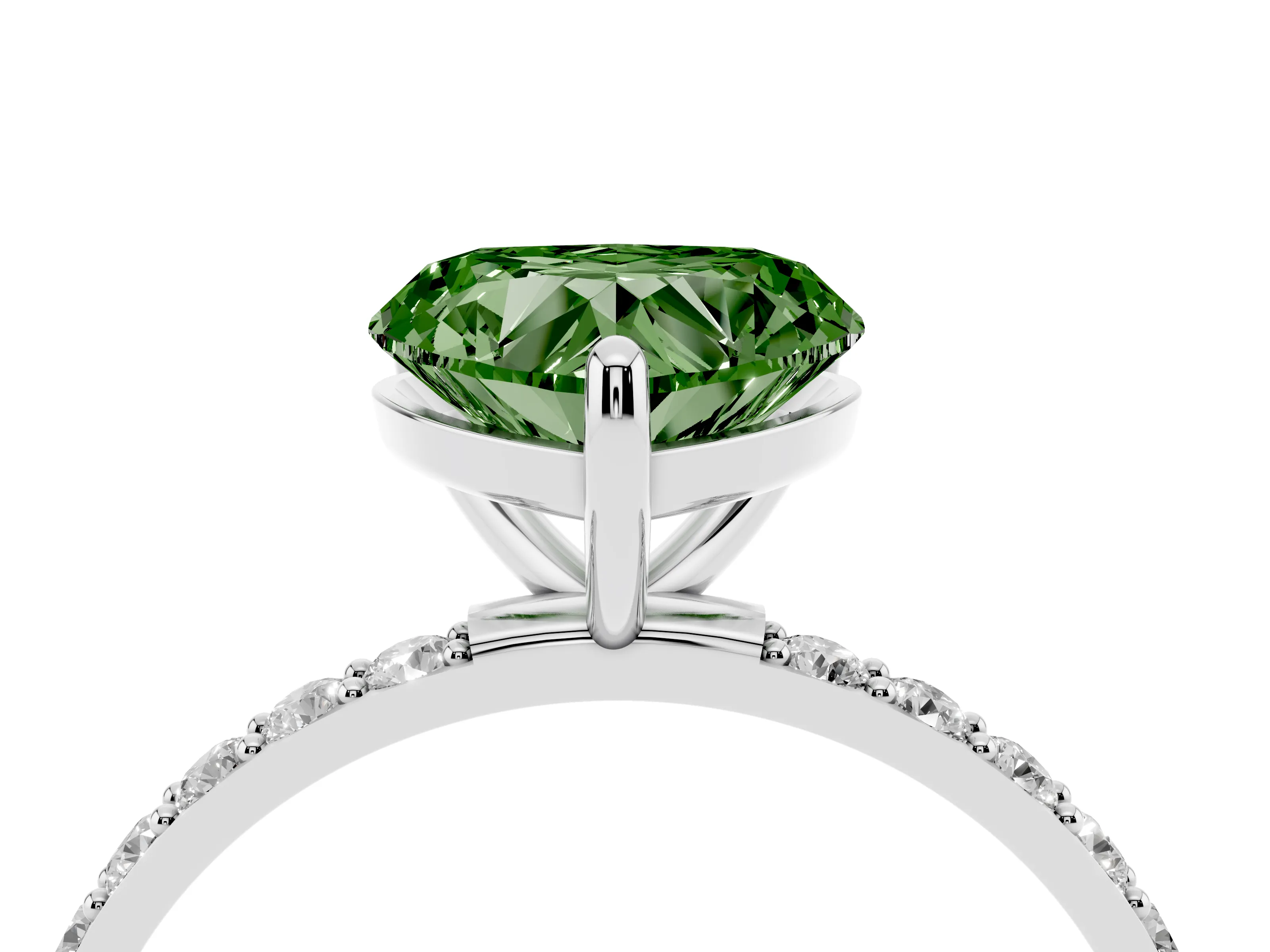 Fancy Green Heart Cut Diamond Solitaire Ring Set in Silver with Round Pavé Band and Prong Setting
