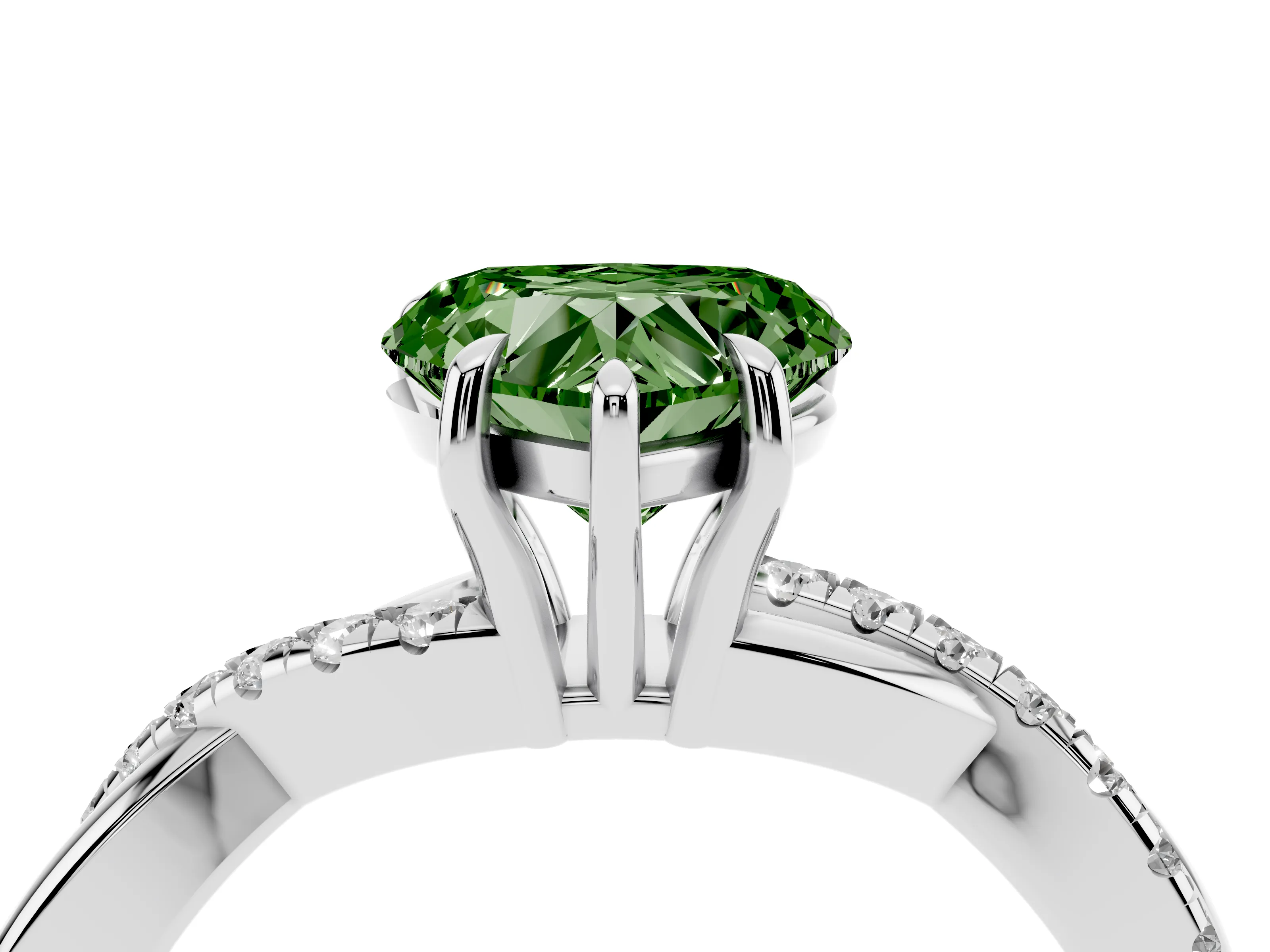Fancy Green Heart Cut Diamond Twisted Pavé Band Ring Set in Platinum with Prong Setting
