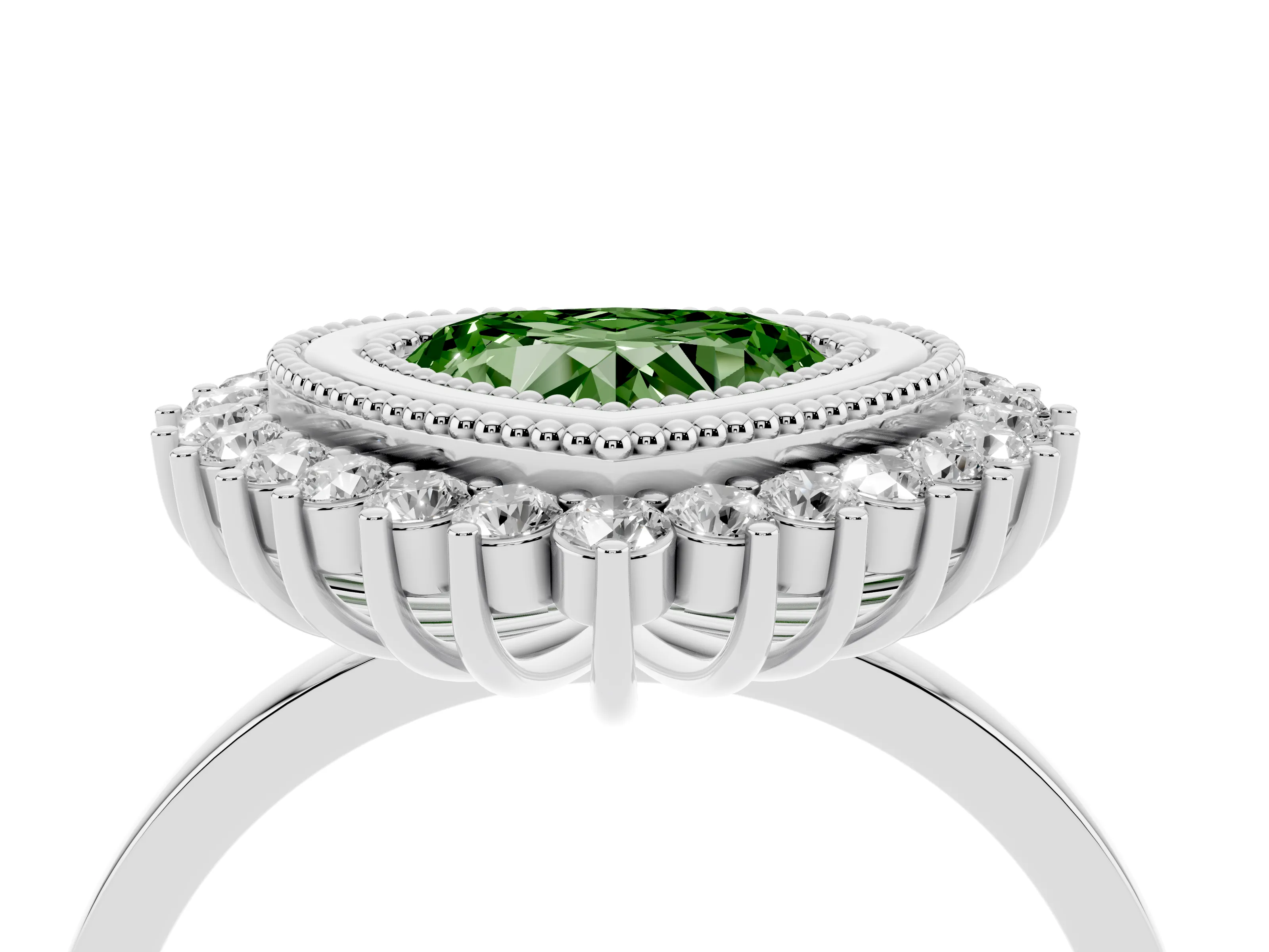 Fancy Green Heart Cut Diamond Halo Ring Set in White gold with Milgrain Edge and Round Prong Setting