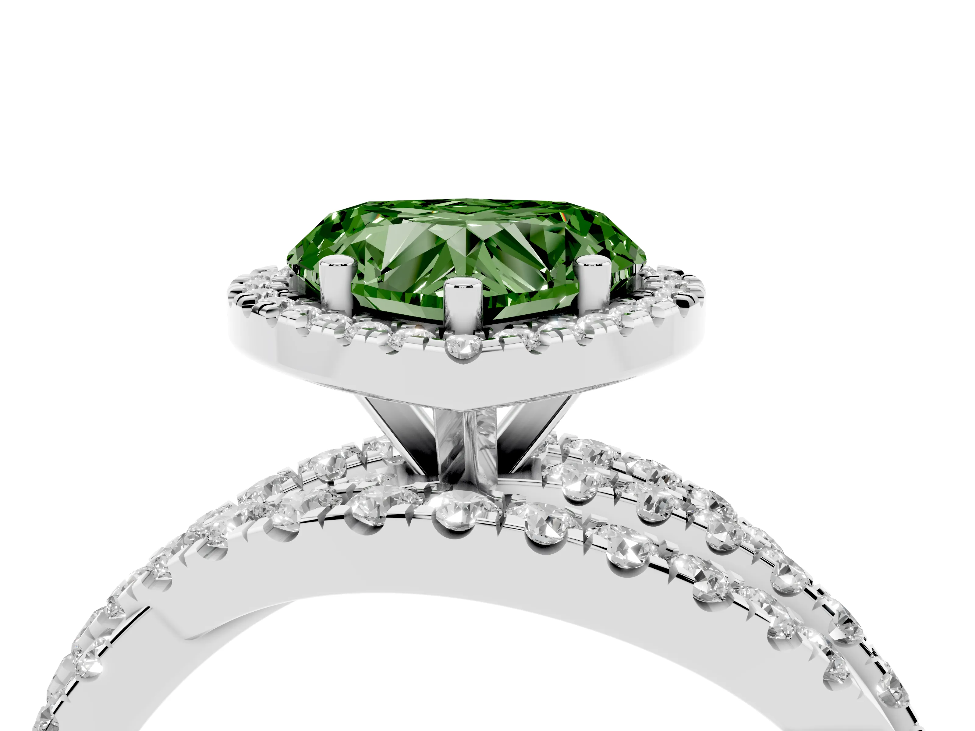 Fancy Green Heart Cut Diamond Halo Ring Set in White gold with Round Crossover Split Shank and Prong Setting