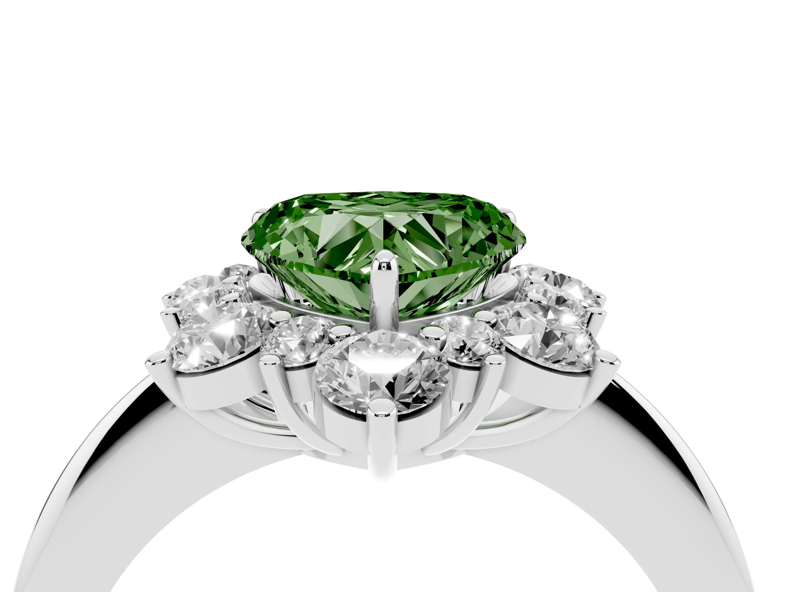 Fancy Green Heart Cut Diamond Cluster Halo Ring Set in White gold with Solitaire Band and Prong Setting