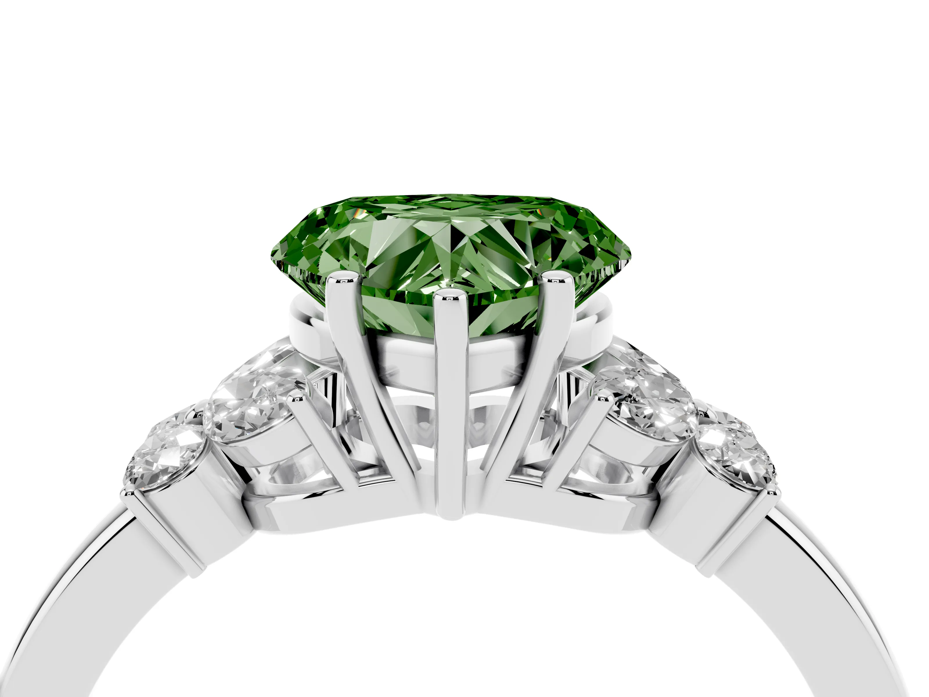 Fancy Green Heart Cut Diamond Solitaire Floral Ring Set in Platinum with Marquise Petals and Prong Setting