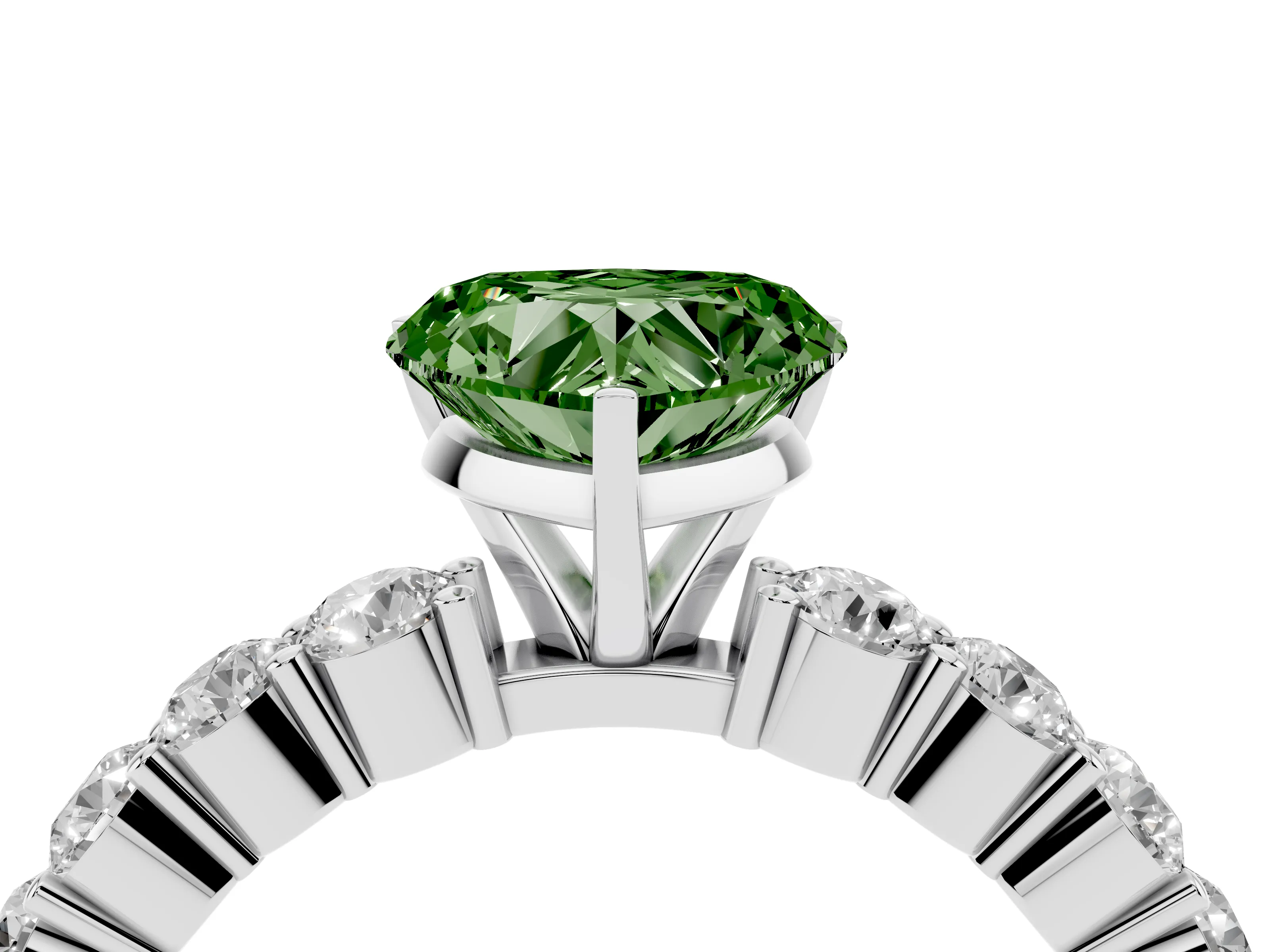 Fancy Green Heart Cut Diamond Solitaire Ring Set in White gold with Shared Prong Round Side Stones