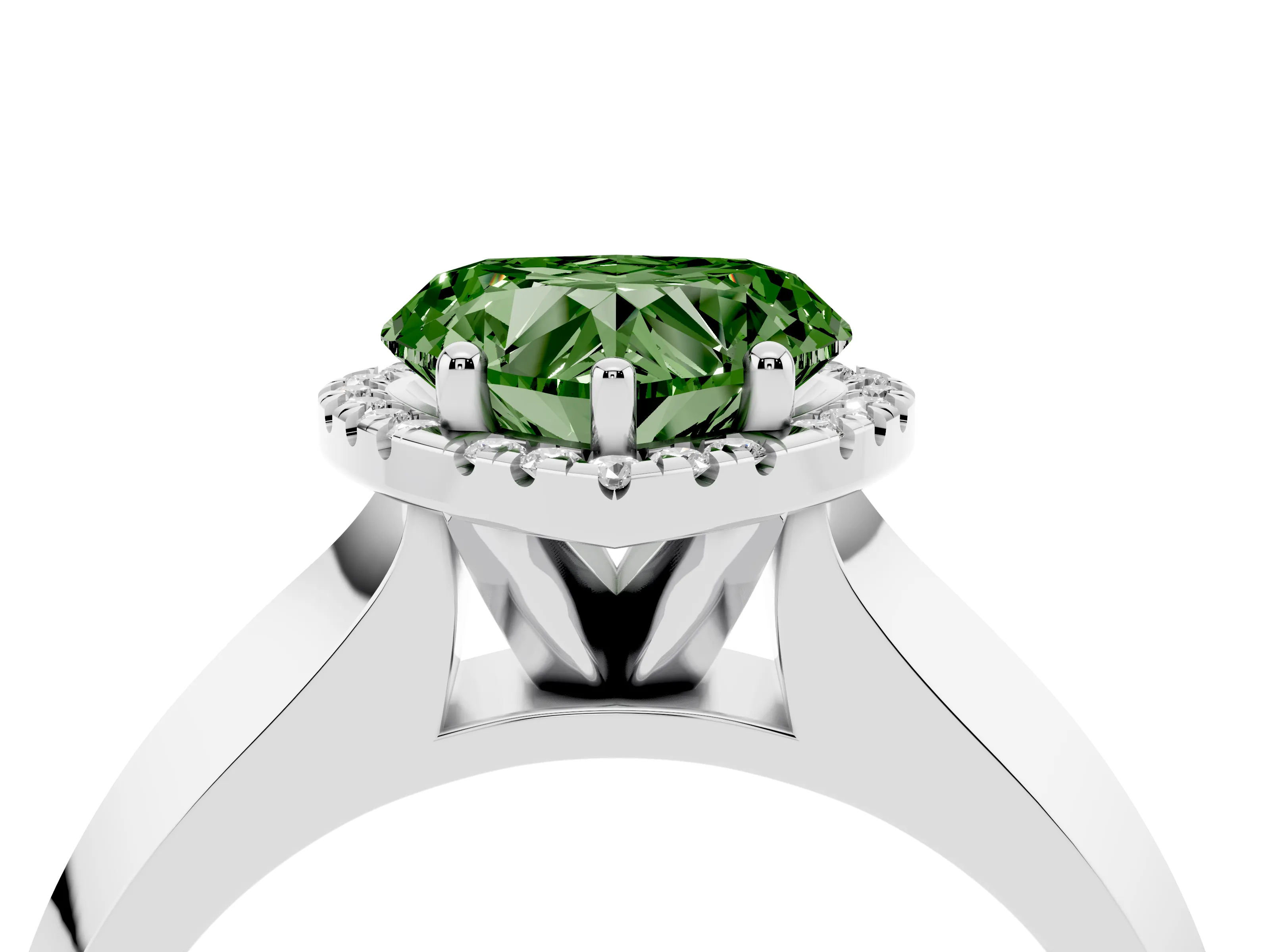 Fancy Green Heart Cut Diamond Halo Ring Set in Platinum with Cathedral Band and Prong Setting
