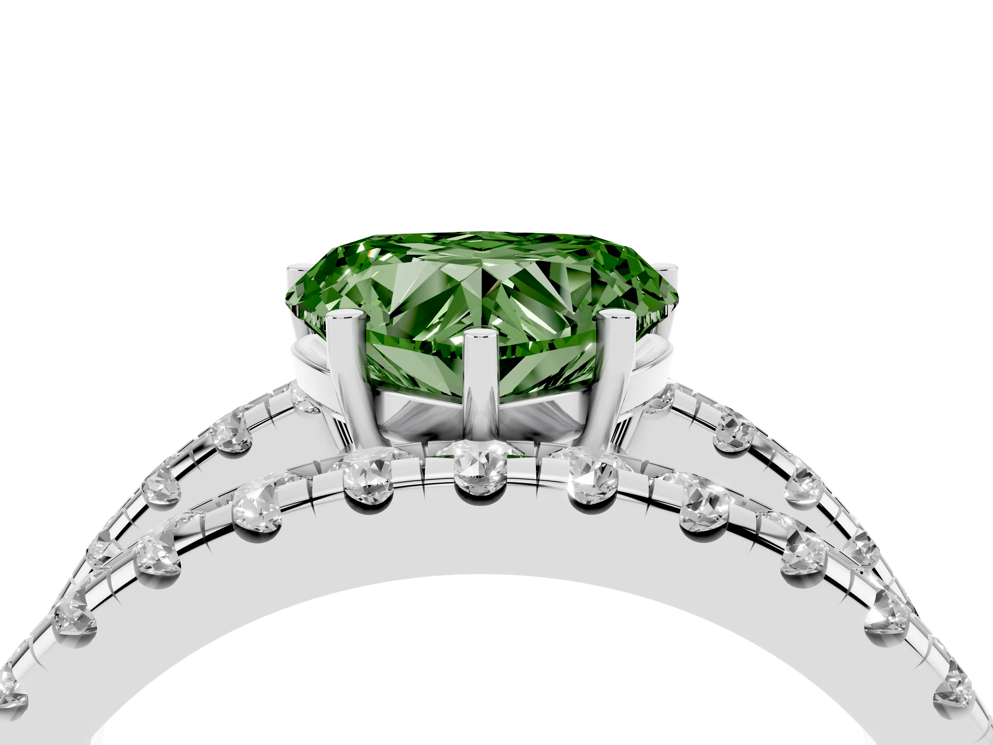 Fancy Green Heart Cut Diamond Split Shank Pavé Solitaire Ring Set in Platinum with Open Shank Design