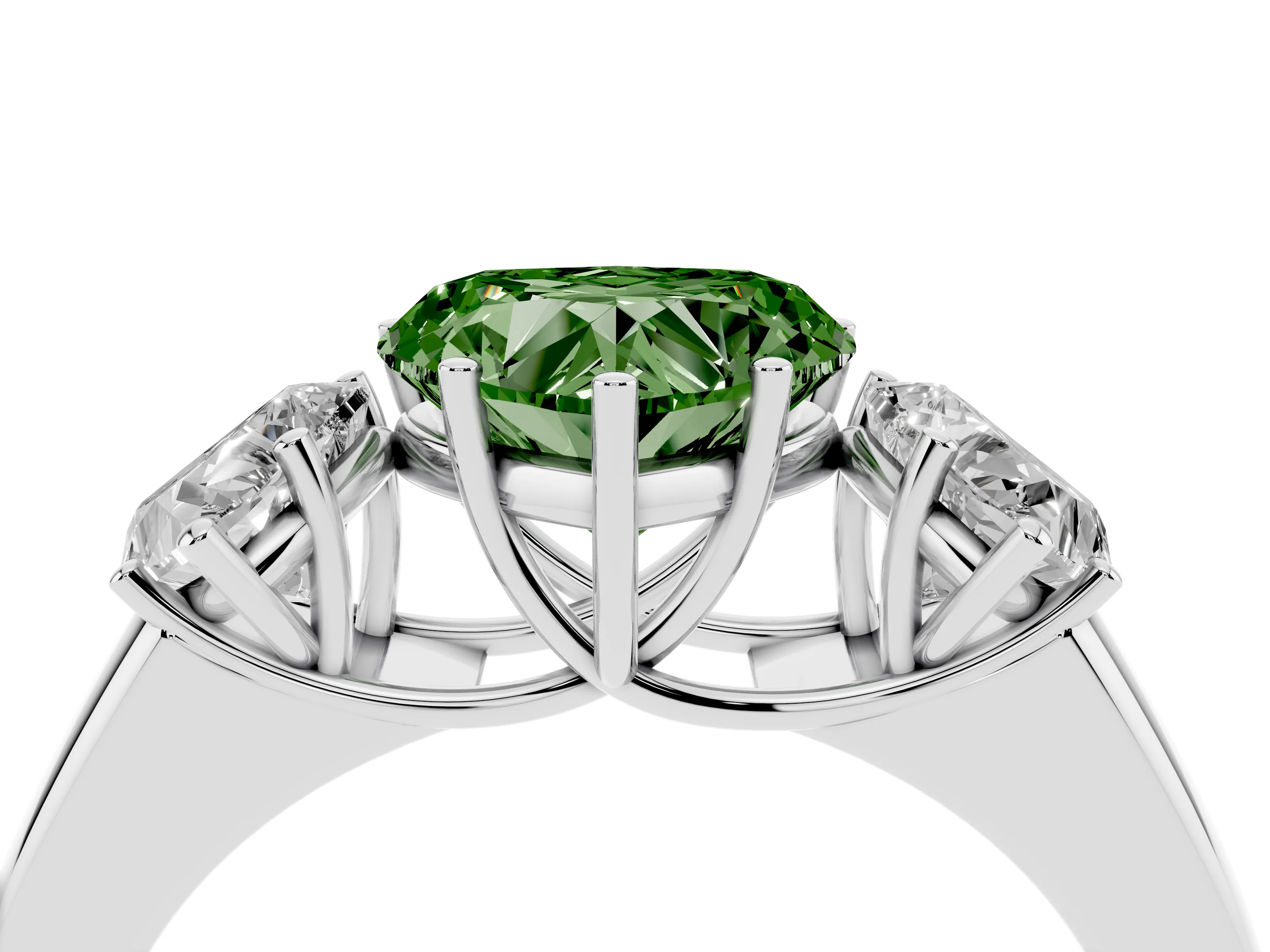 Fancy Green Three-Stone Heart Cut Diamond Ring Set in Platinum with Matching Prong Settings and Plain Band