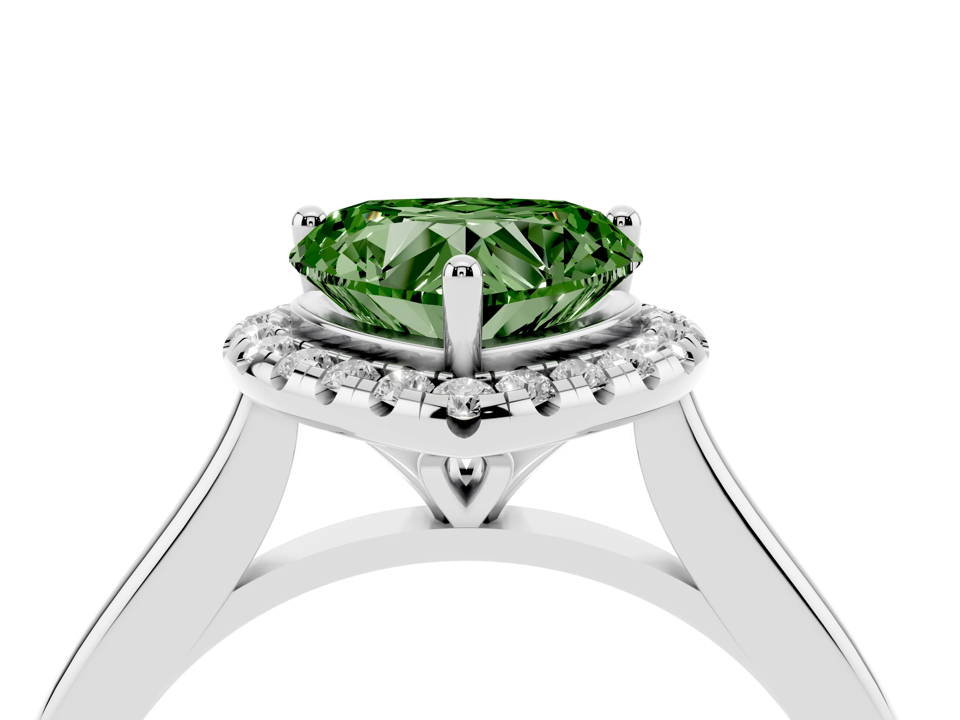 Fancy Green Heart Cut Diamond Halo Engagement Ring Set in White gold with Pavé Band and Rising Shoulders