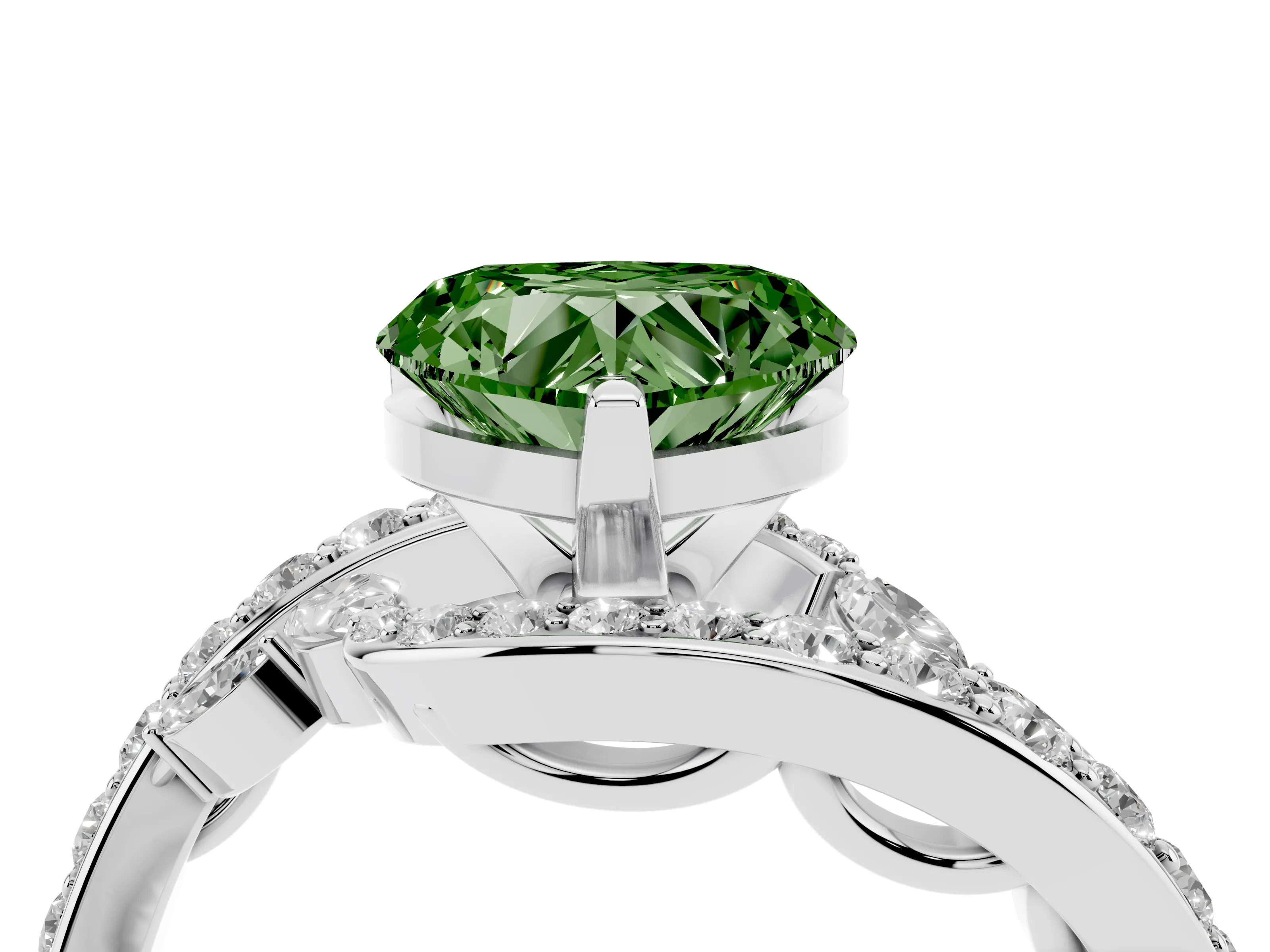 Fancy Green Heart Cut Diamond Solitaire Ring Set in Silver with Pavé Twist Band and Secure Prong Setting