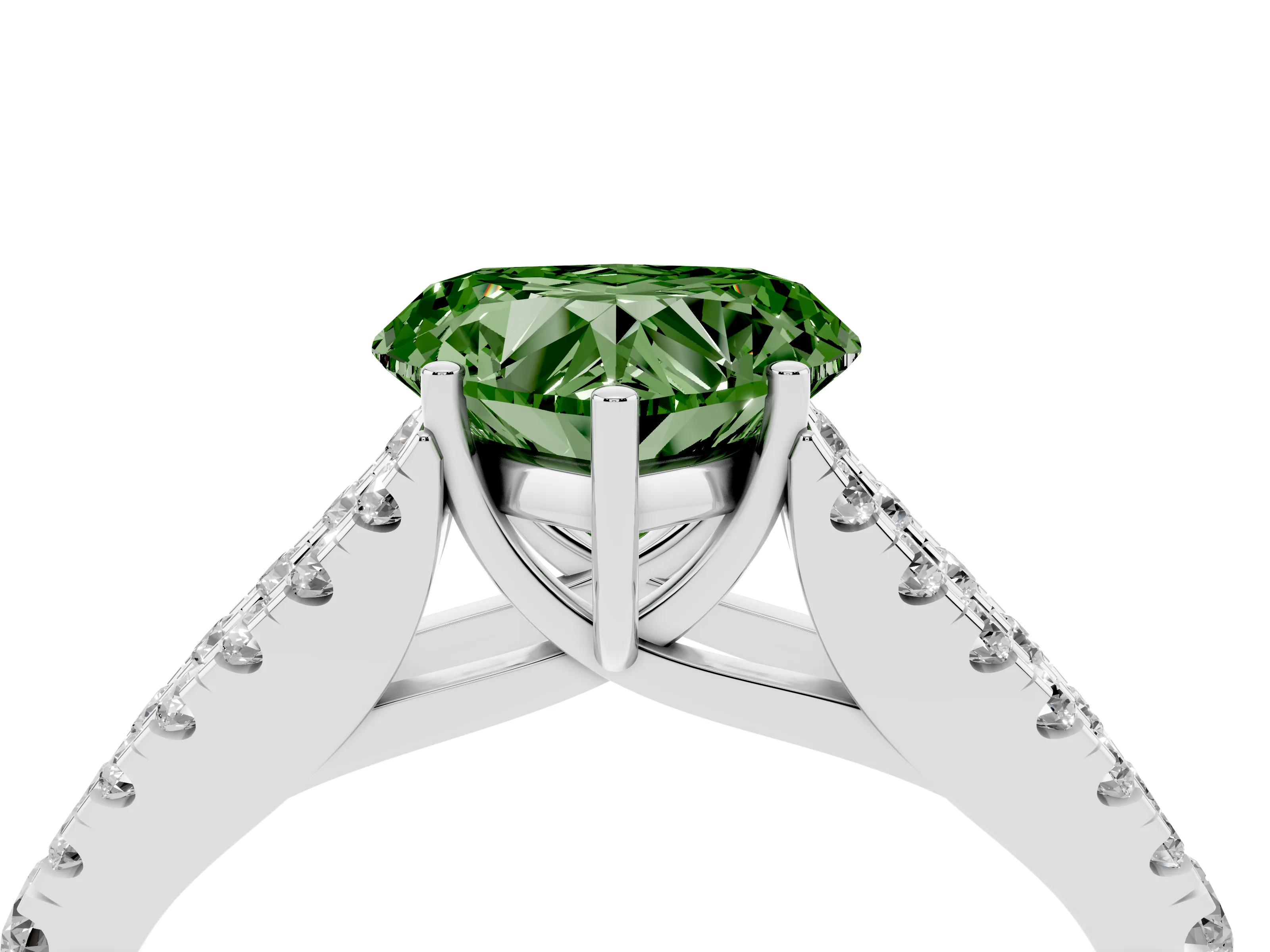 Fancy Green Heart Cut Diamond Split Shank Pavé Engagement Ring Set in Platinum with Prong-Held Center Stone