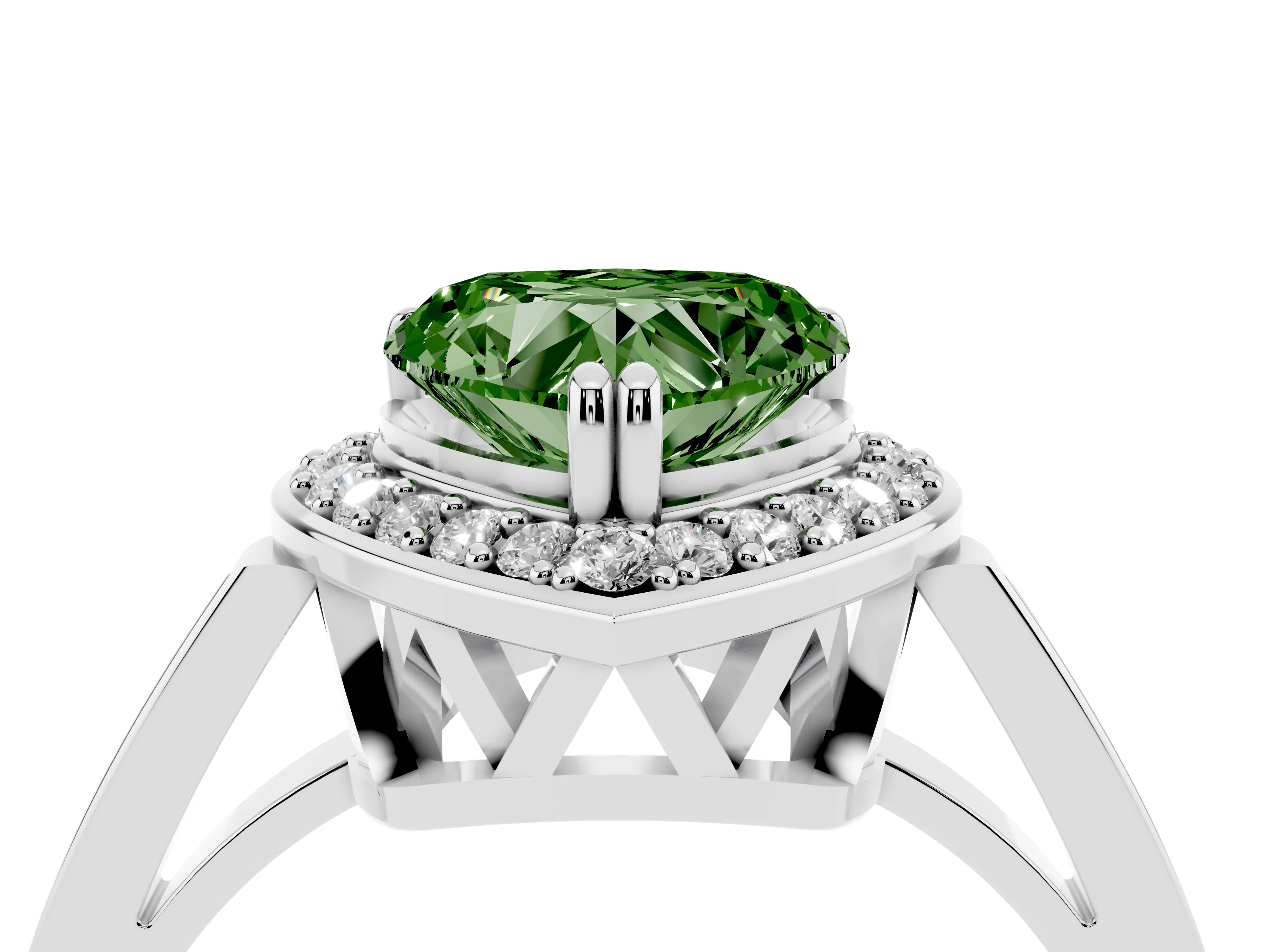 Fancy Green Heart Cut Diamond Halo Ring Set in White gold with Accent-Lined Split Shank and Prong Setting