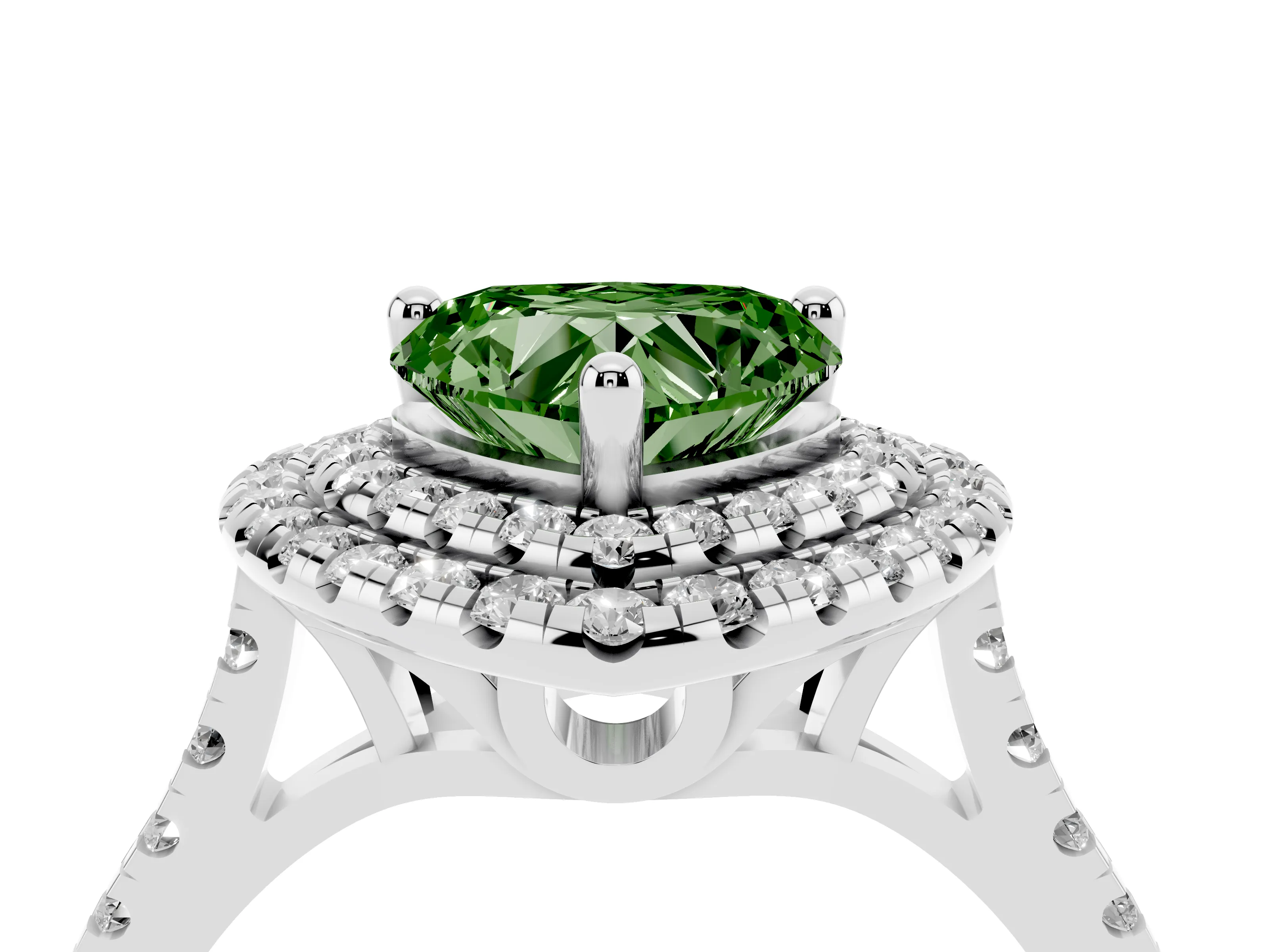 Fancy Green Heart Cut Diamond Double Halo Statement Ring Set in Platinum with Pavé Band