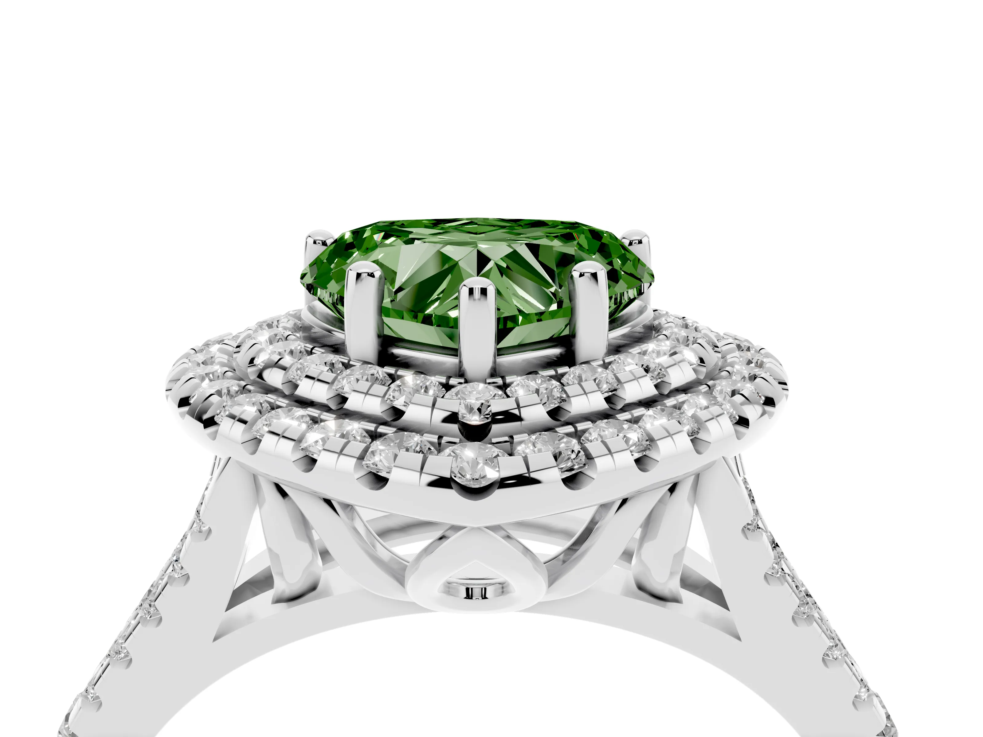 Fancy Green Heart Cut Diamond Double Halo Ring Set in Silver with Pavé Split Shank and Prong Setting
