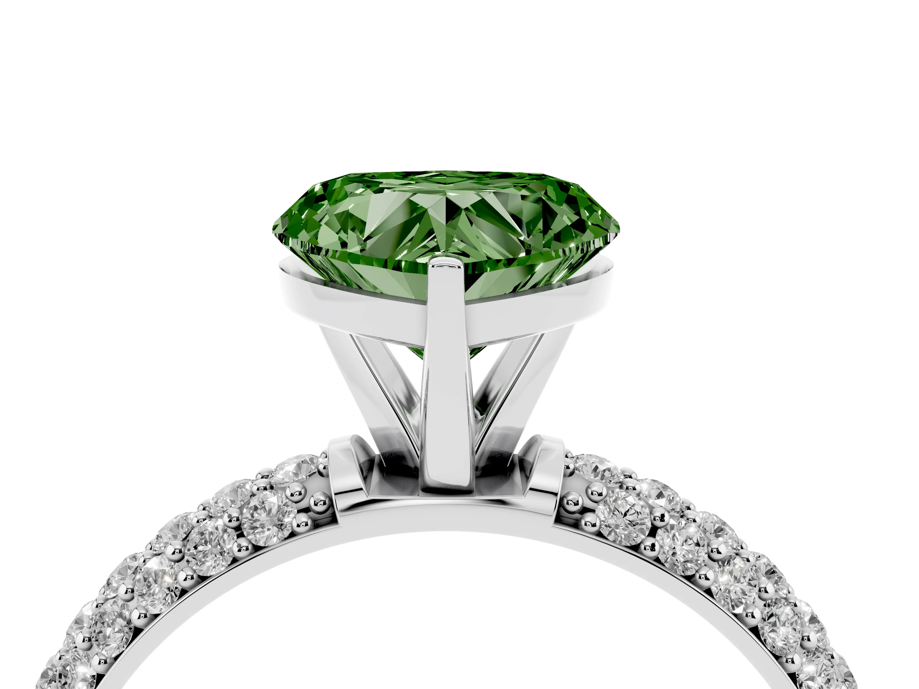 Fancy Green Heart Cut Diamond Solitaire Ring Set in Platinum with Prong Setting and Pavé-Set Band