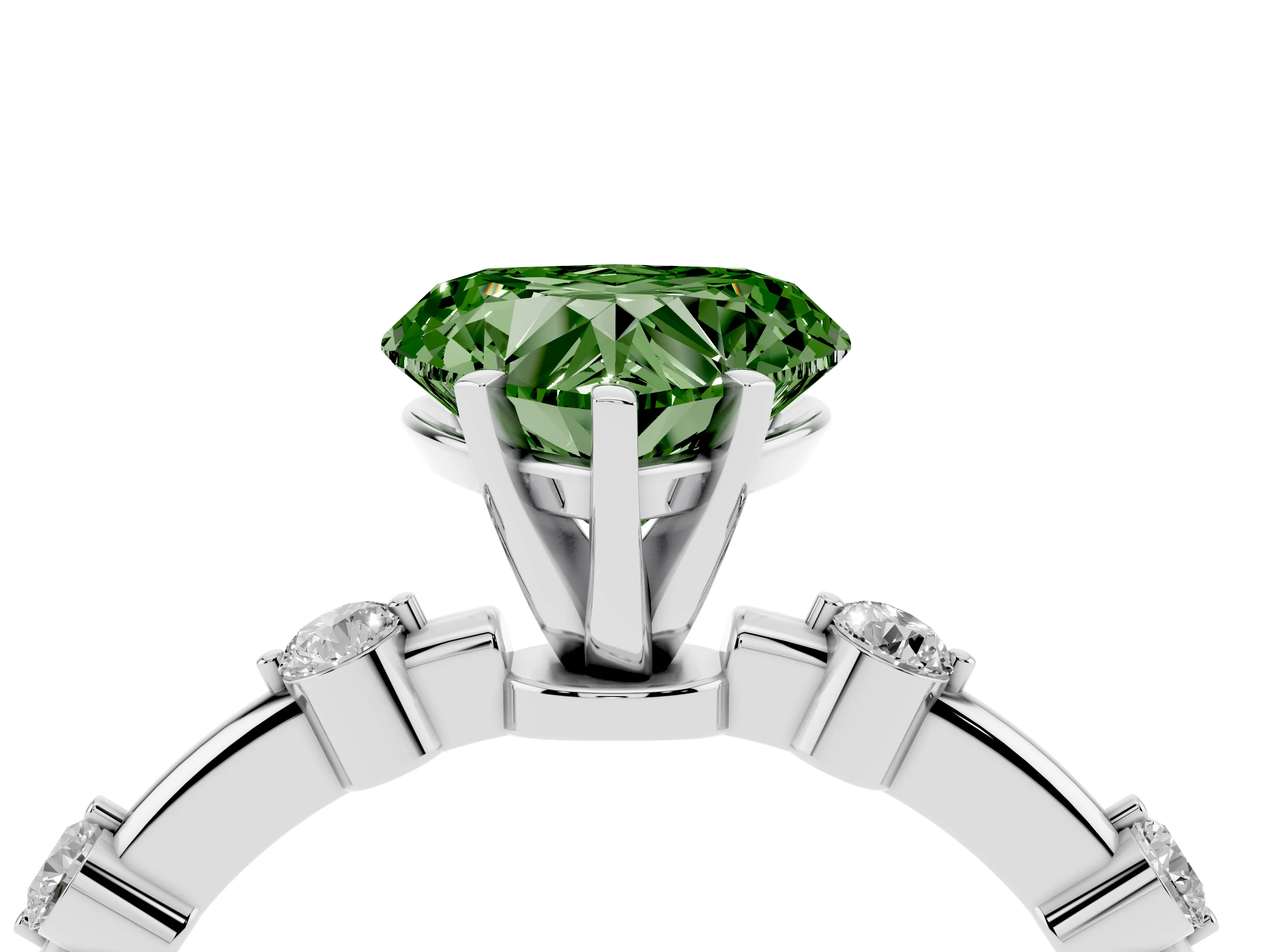 Fancy Green Heart Cut Diamond Solitaire Ring Set in Silver with Bezel Set Side Stones and Prong Setting