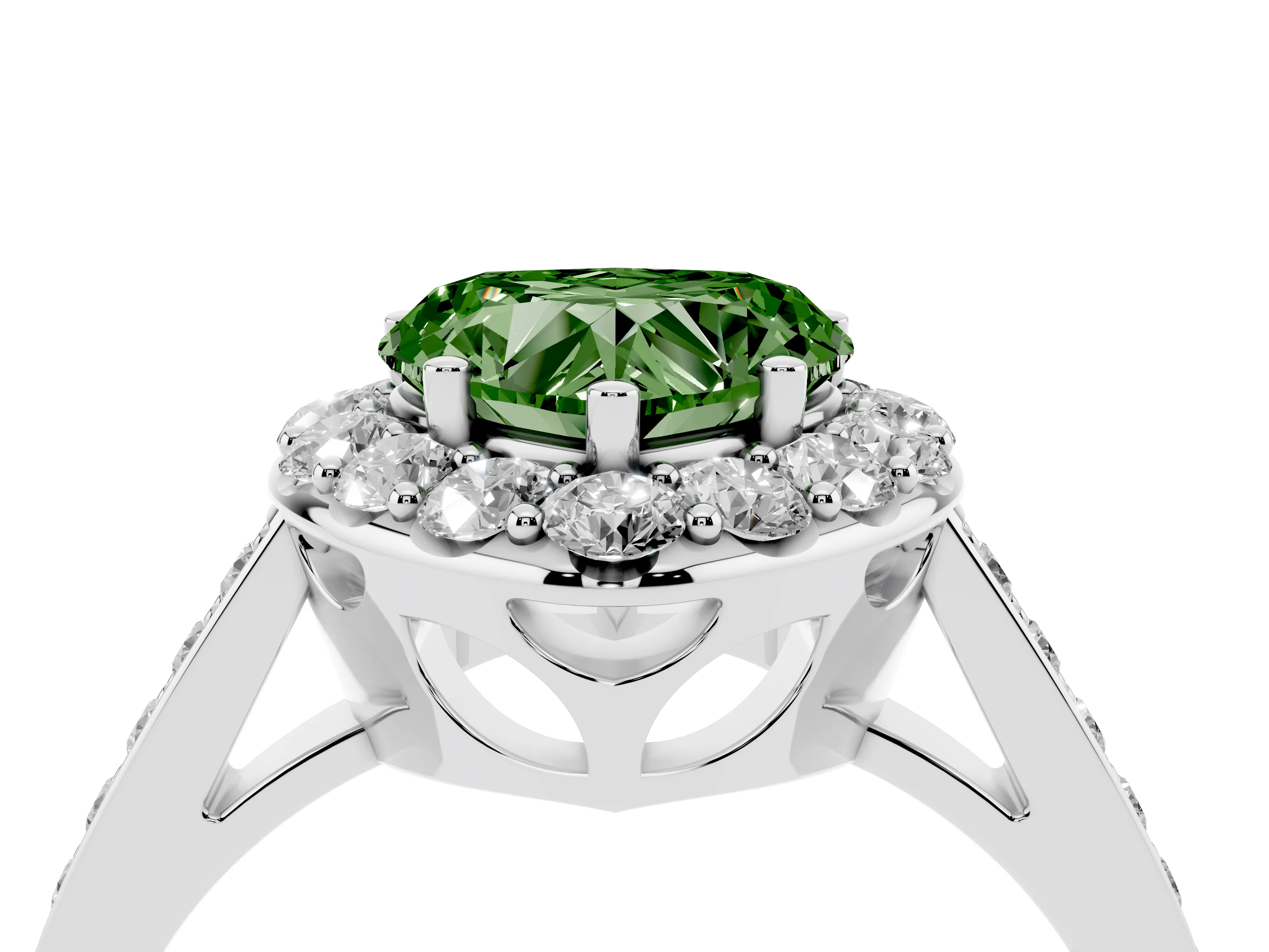 Fancy Green Heart Cut Diamond Floral Halo Ring Set in Platinum with Pavé Band and Prong Setting